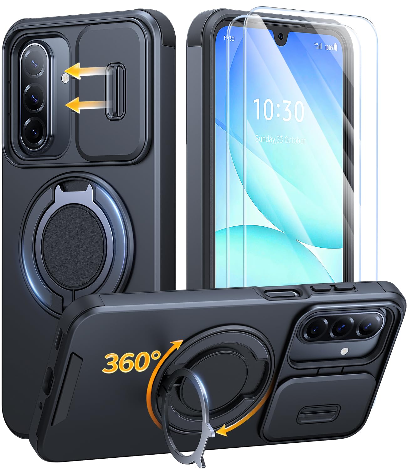 Photo 1 of JAME for Samsung Galaxy A17/A16 5G Case, Ring Holder Stand, Slide Camera Cover, 2 Pack Screen Protectors, Dual-Layer Shockproof Protective, Magnetic Accessory Friendly Galaxy A16/A17 4G Case, Black