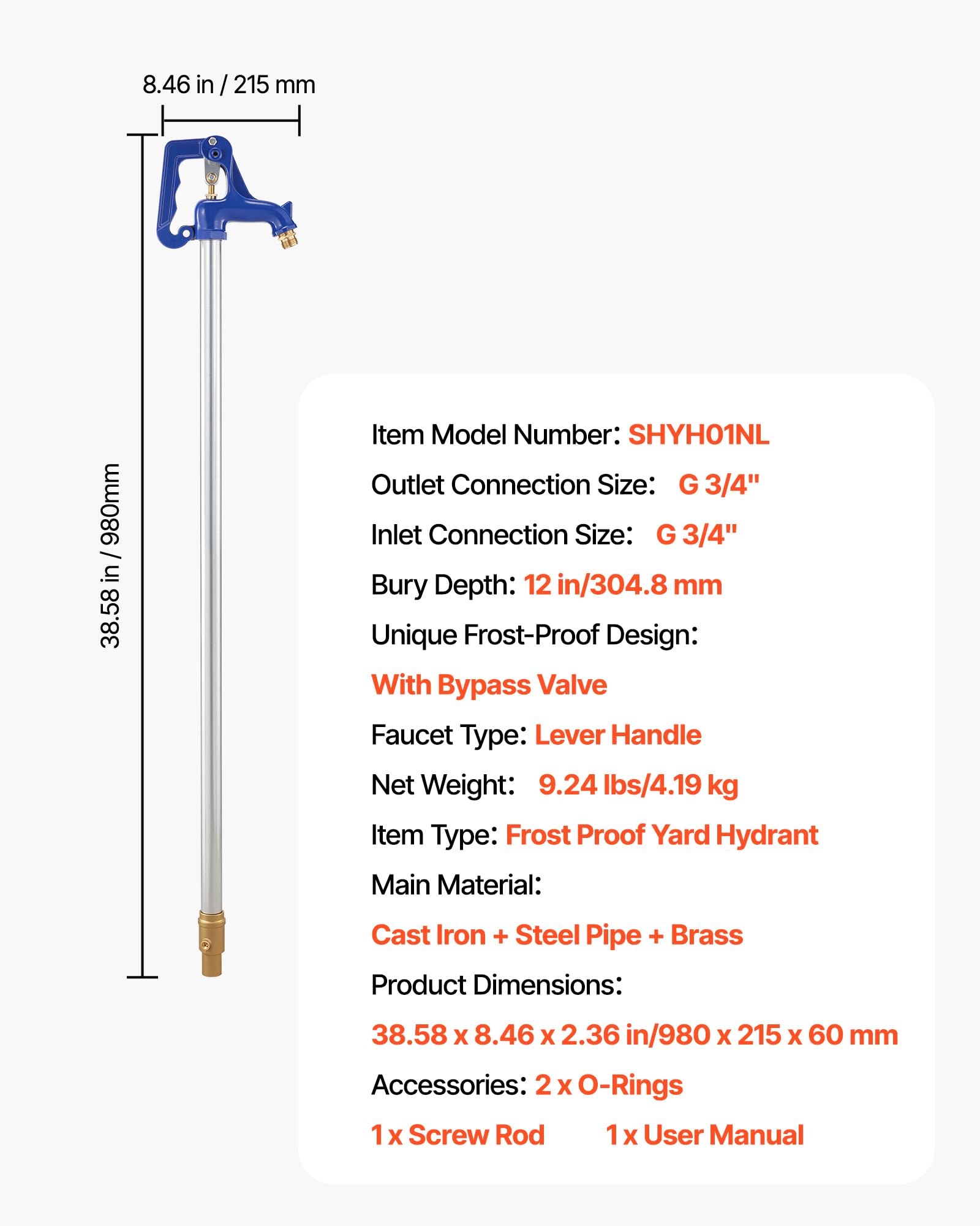 VEVOR Hidrante Resistente a las Heladas, 980 mm, Hidrante sin Plomo para Riego de Jardines y Granjas, Profundidad de Enterramiento 304,8 mm, Conexión de Tubo G 19,05 mm y Acoplamiento de Manguera