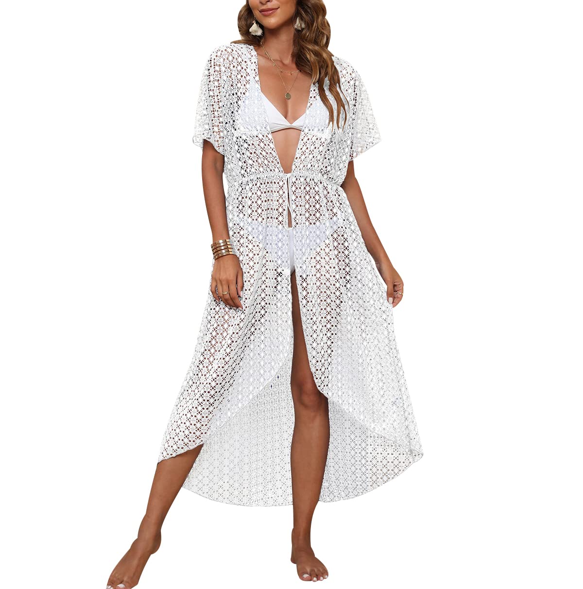 Copricostume Lungo Kimono In Pizzo Per Donna – Vestito Copribikini Mare Con Frange E Scollo V - 3