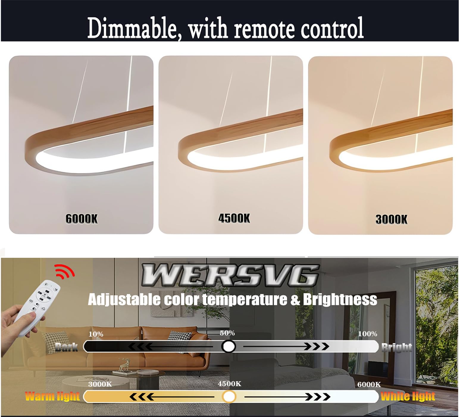Lámpara colgante Moderna de Madera regulable con Control remoto, 150 cm, nogal, para Mesa de comedor y oficina, lámpara colgante de Madera Natural.