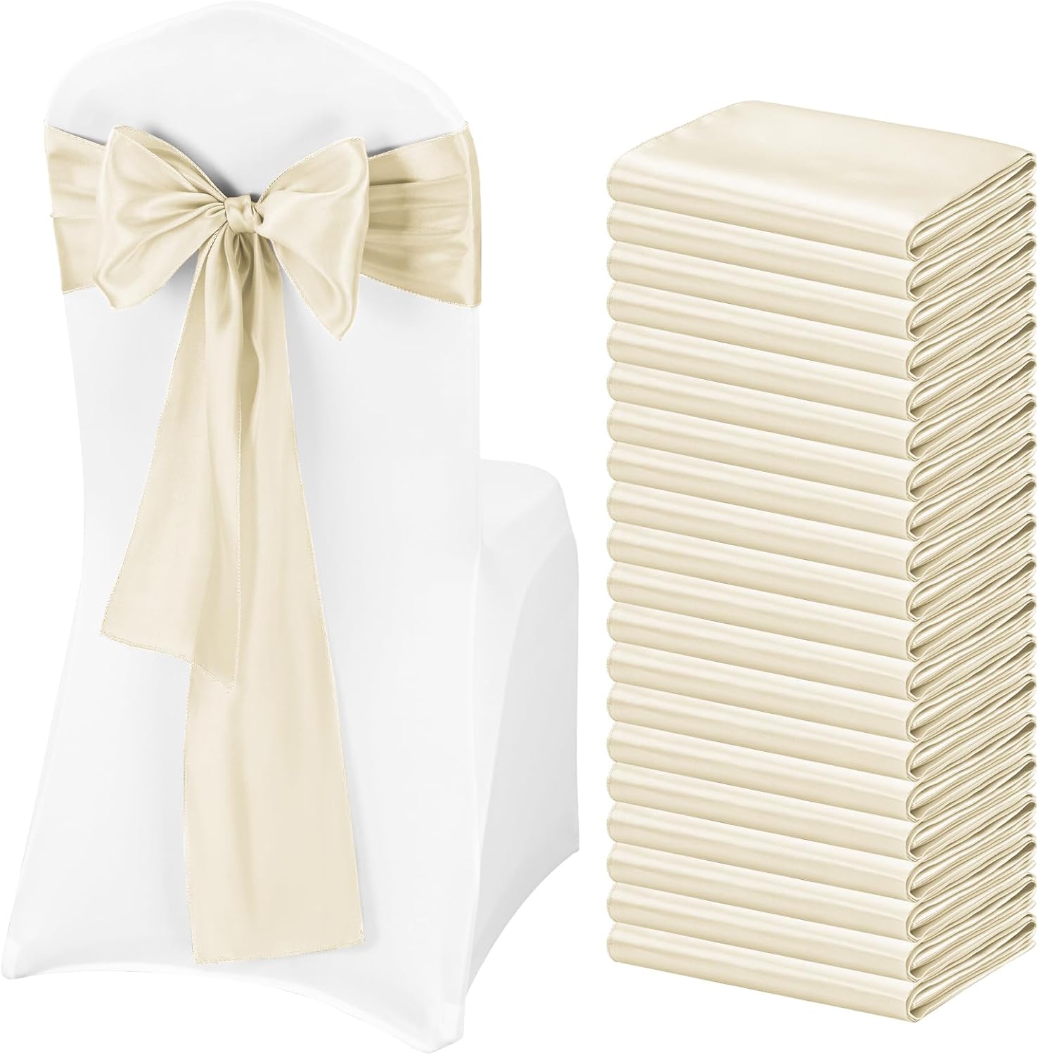 Pesonlook 60 PCS Ivory Satin Chair Sashes Bows Satin Chair Sashes Universal Chair Cover for Wedding Reception Restaurant Event Decoration Banquet,Party,Hotel Event Decorations (7 x 108 inch) Ivory 60PCS