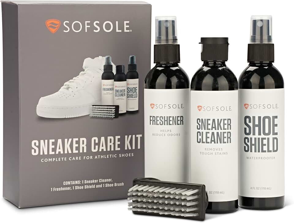 Sof Sole Shoe Care Kit with Cleaner, Shoe Shield Waterproofer and Scrub Brush for Sneakers and Boots