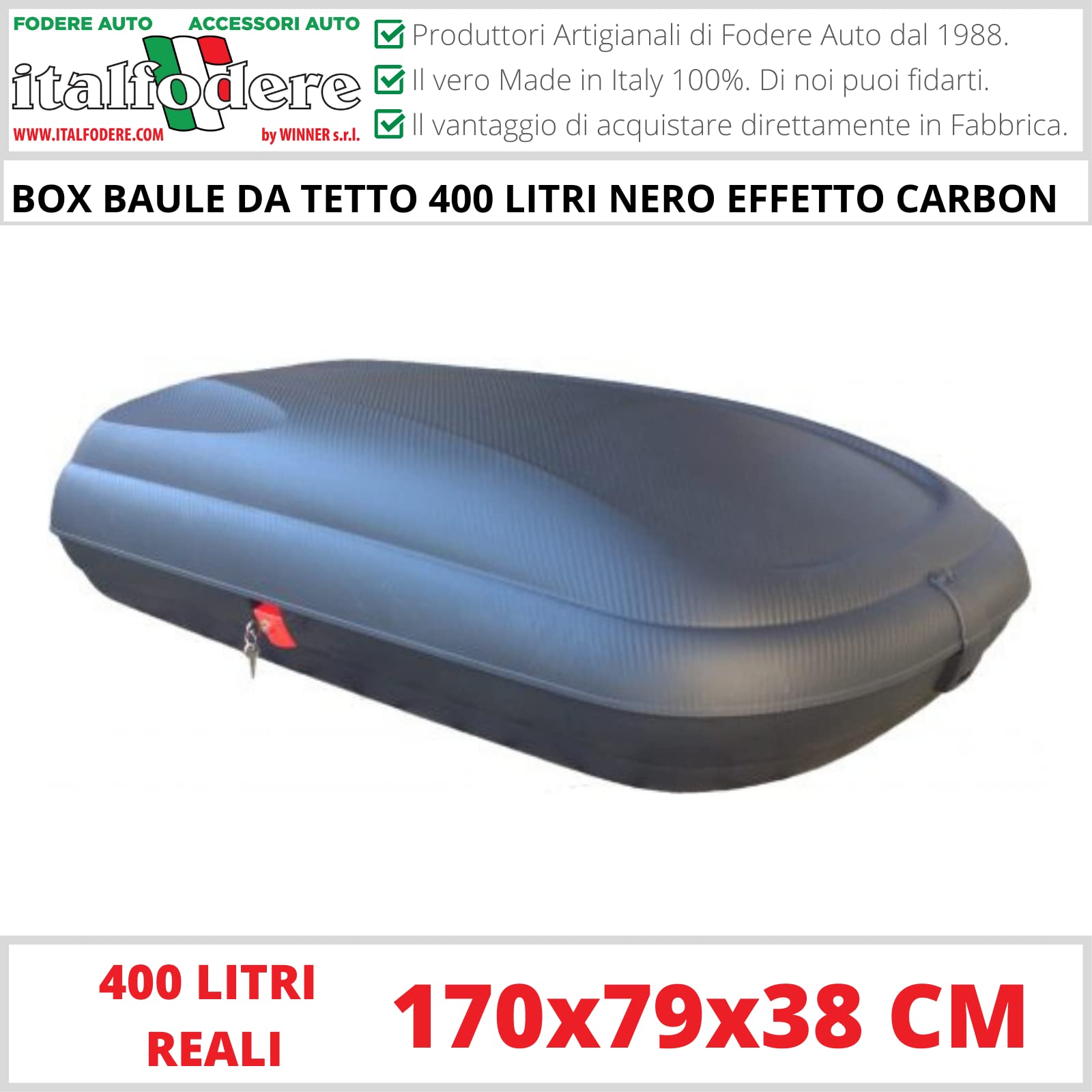 Box Tetto Auto 400L - Nero Carbon - Portapacchi - Portatutto Universale - 170x79x38 cm - Portata 50Kg - Baule Portabagagli - Siluro Box Auto Tetto - Omologato - Apertura Laterale