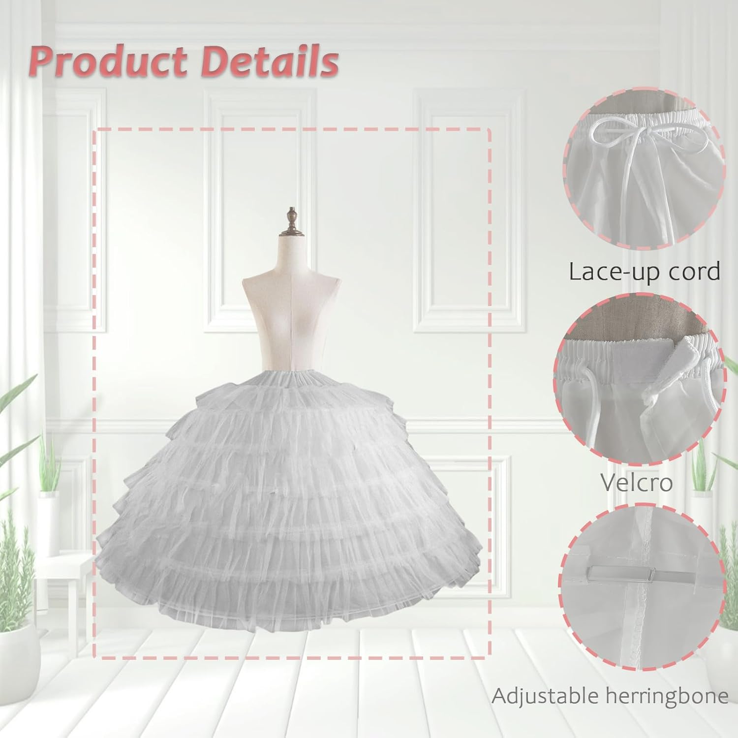 6 Hoops Puffy Crinoline Petticoat for Women, 6 Tulle Skirt Slips Long Underskirt for Wedding Dress Bridal Gown - Image 3