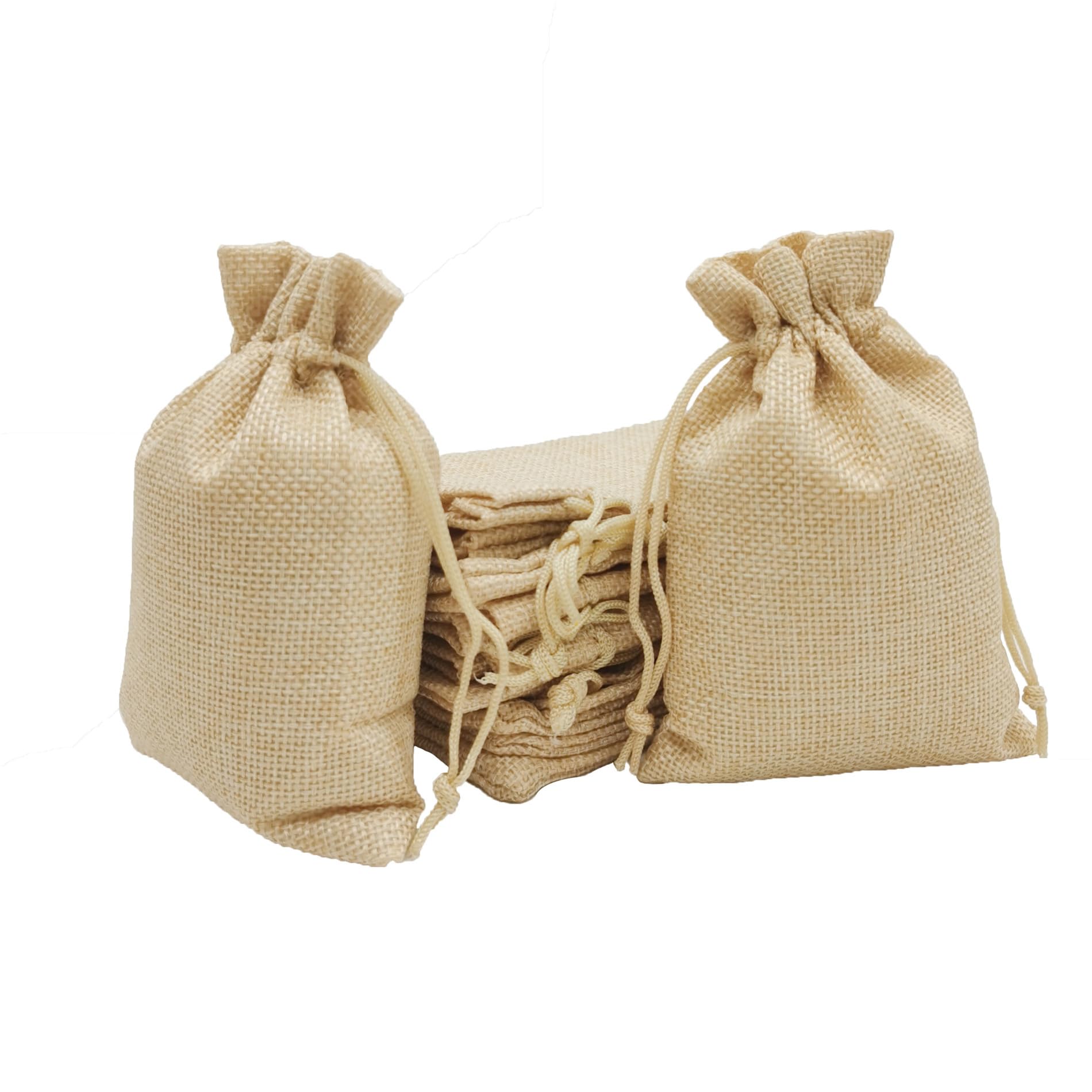 Lot de 60 sacs cadeaux en lin avec cordon de serrage - Pour bijoux, mariage, Noël, fête - Beige - 10 x 14 cm