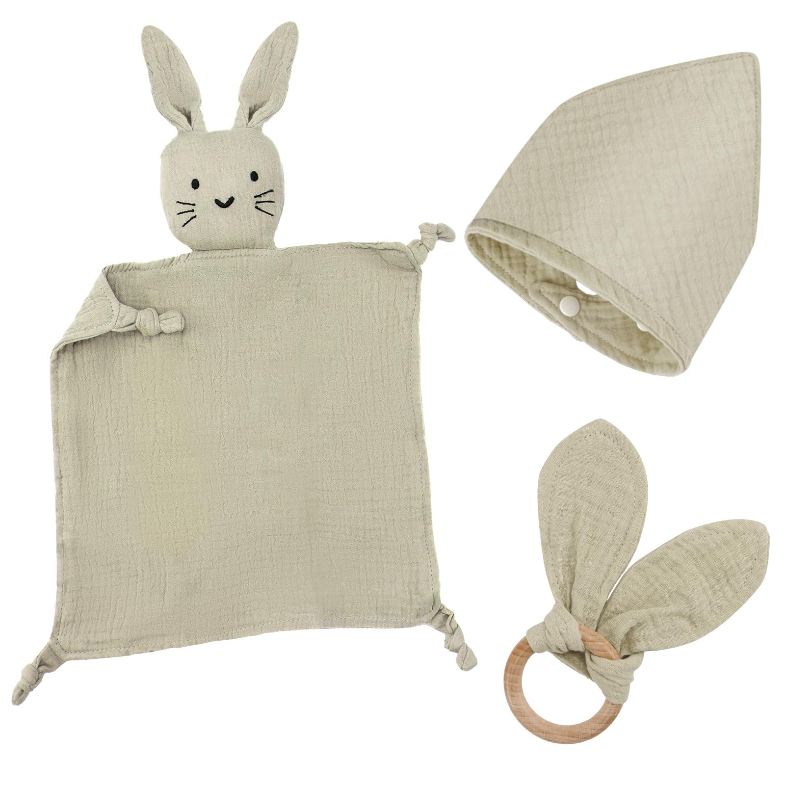 Baby Geschenk Junge Mädchen Neugeborene Geschenkset Babygeschenke 3 Stück Geschenke zur Geburt mit Schnuffeltuch Hase und Beißring Holz und Lätzchen Baby für Neugeborenen Babyparty Sachen (Khaki)