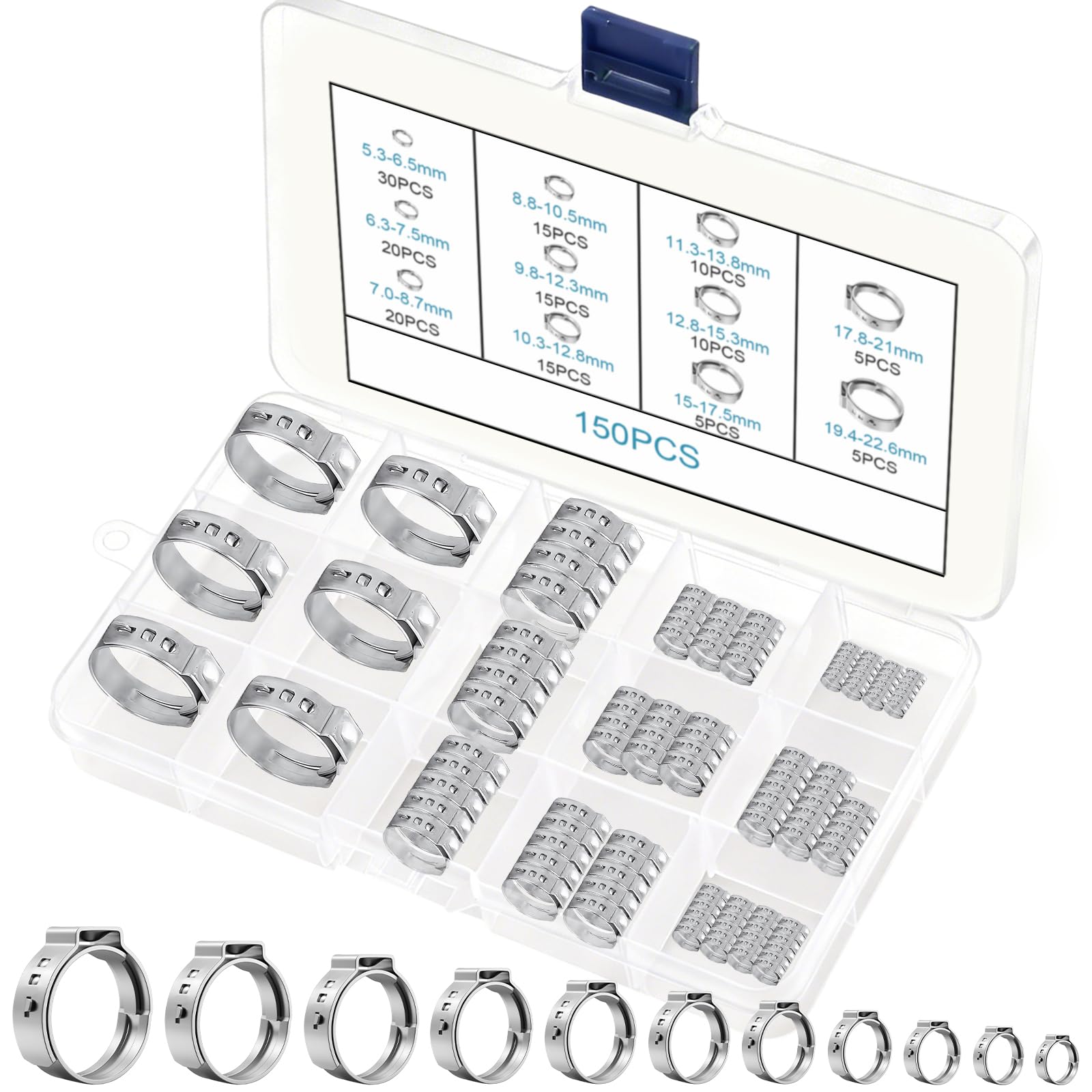 150 Stück Schlauchschellen Set, 304 Edelstahl Ohrschellen, Verstellbare Schlauchklemme mit 11 Größen 5-22 mm, Einzelohrschlauchschellen Rohrschlauchbefestigungen für Wasser Rohr, Automobil-Tubing