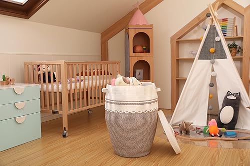 Miniatura 9 de Cesta de almacenamiento extra grande de 26 x 20 pulgadas de alto con tapa, cestas de almacenamiento de cuerda de algodón, cesta de lavandería tejida