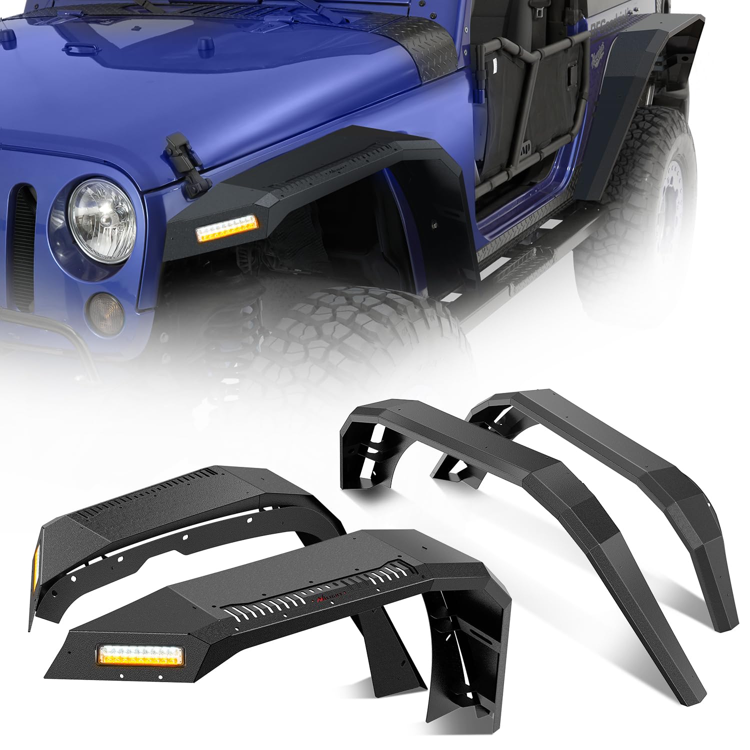 Nilight JK Wide Flat Front &amp; Rear Fender Flares Fit for 2007 - 2018 Jeep Wrangler JK 2Door (Not fit 4 Door) 4Pcs Off-Road Wheel Fenders Mud Guards w/LED Lights Turn Signal Lights DRL, heavy-duty steel