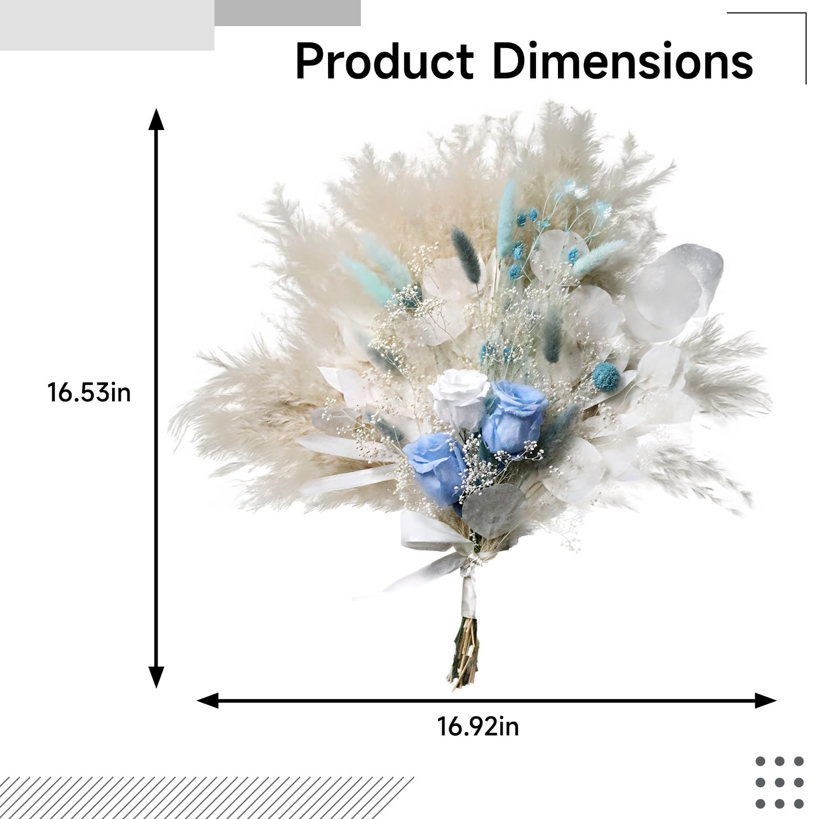 Trockenblumenstrauß mit blauen und weißen Rosen, Pampasgras, Eukalyptusblättern und Dekorband, Elegantes Blumenarrangement für Hochzeiten, Wohnen, Deko und Geschenke