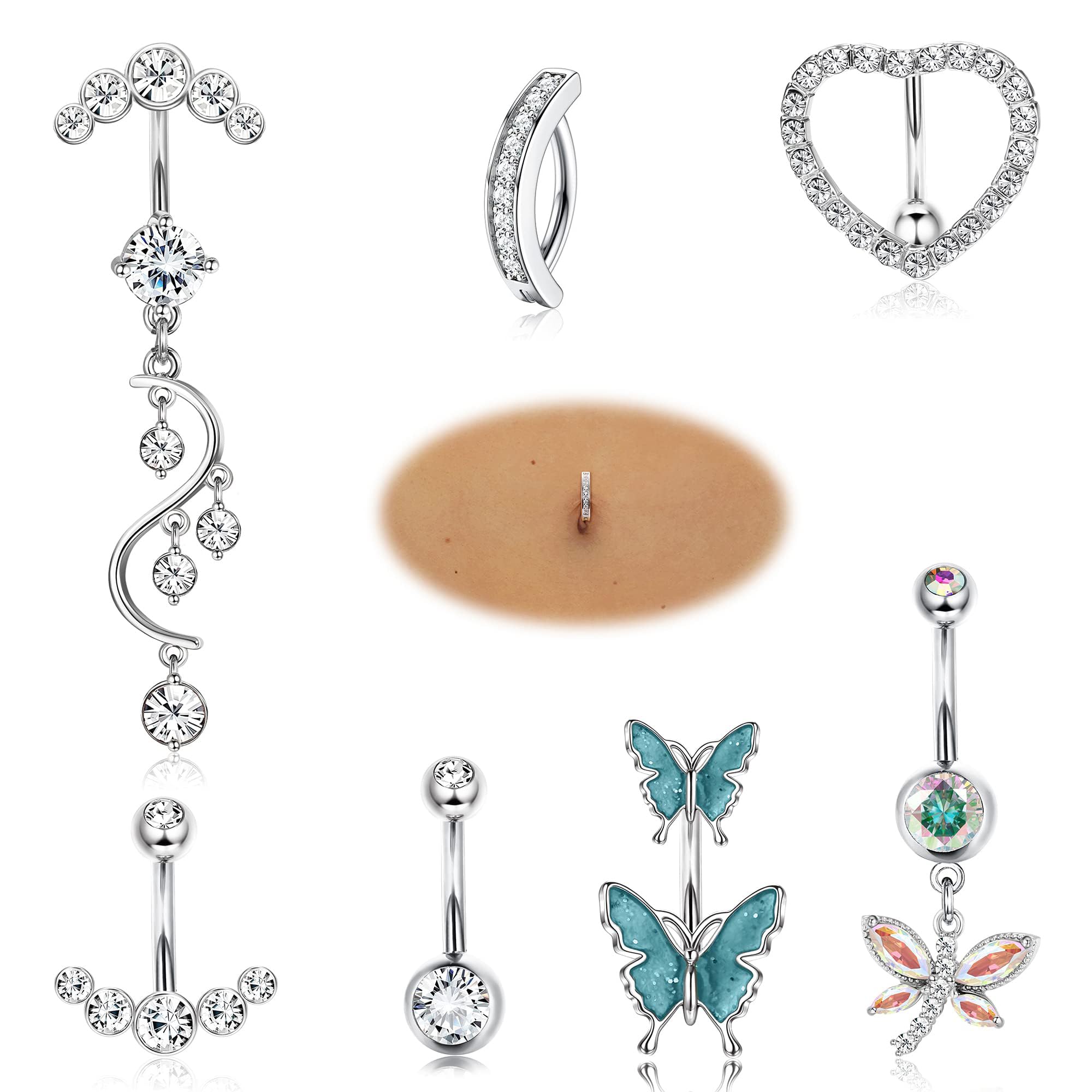 JeryWe 14G Piercing Ombligo de Acero Inoxidable para Mujer Ombligo Anillo lgante Serpente Mariposa Anillo de Botón de Ombligo Piercing7 Piezas