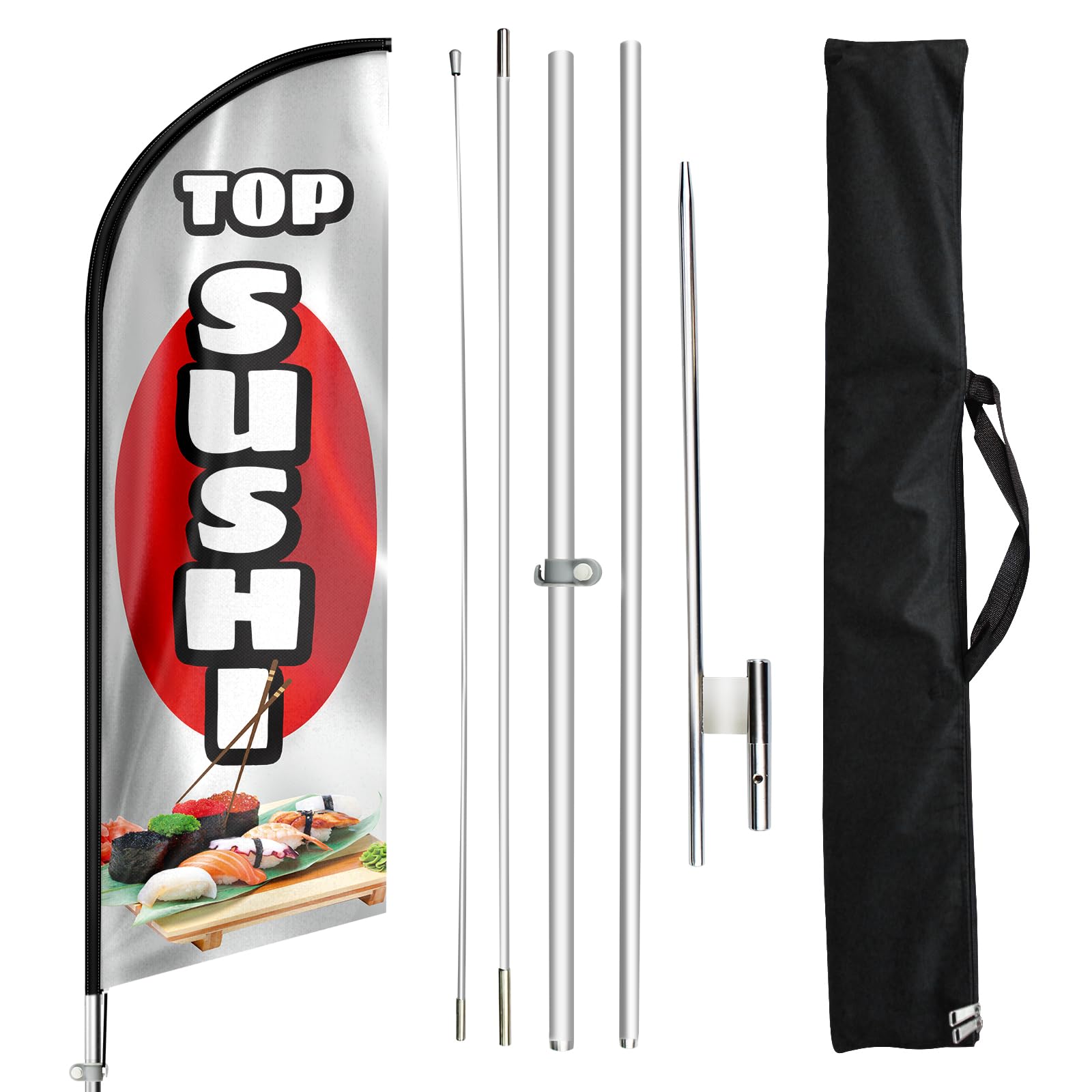 Bandiera con piume di sushi, 340 cm, striscione pubblicitario con kit di pali e picchetto, tessuto in poliestere e asta in alluminio, per ristorante di sushi, negozio di alimentari giapponesi