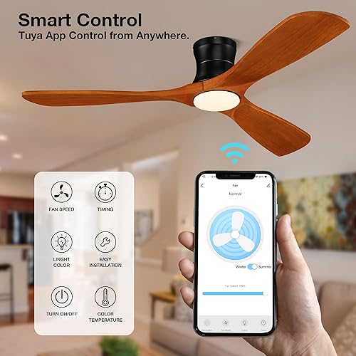 Miniatura 7 de Hoenofly Ventiladores de techo inteligentes de madera de 52 pulgadas con control remoto de luces, motor de CC silencioso, ventilador de techo de