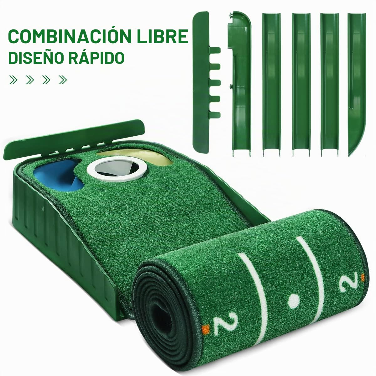 Tapete Verde de Golf para Interiores Con Retorno de Pelota y 3 Agujeros - Equipo de Entrenamiento y Práctica en Casa u Oficina - Accesorios de Regalo