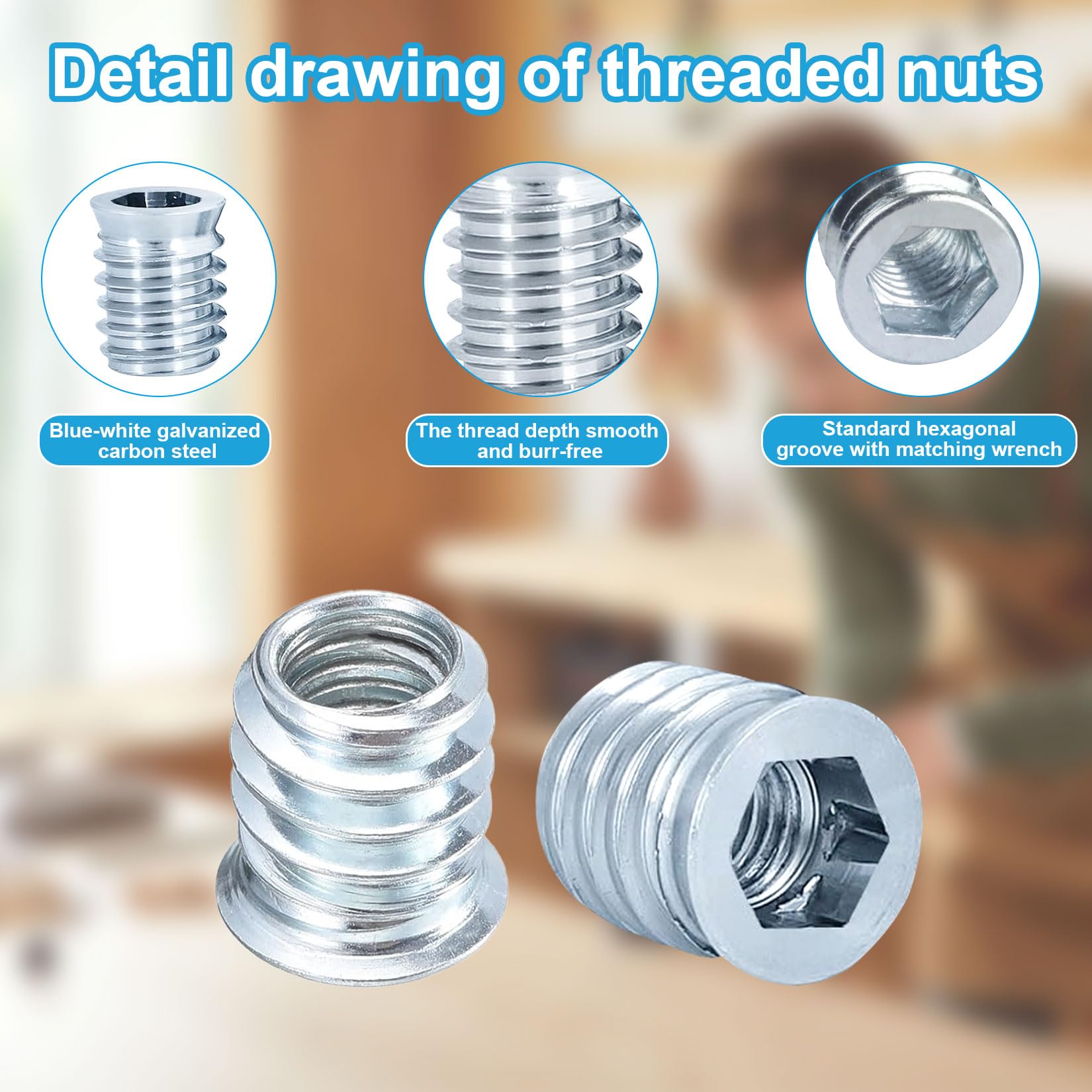 80 Pz Inserti Filettati Dado M8 x 15mm, Rivetti Filettati, Boccole Filettate per Legno, Dado Avvitabile Manicotti Filettatio, Bussole Filettate a Esagono Incassato per Mobili Legno