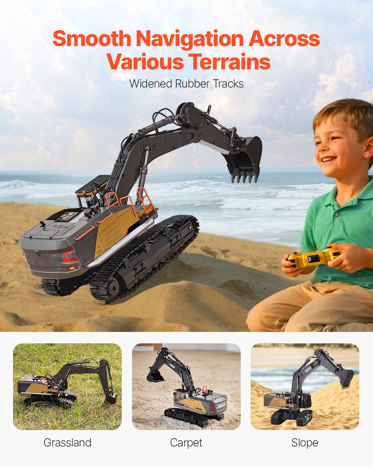 VEVOR Pelleteuse Télécommandée 22 Canaux Excavatrice RC Enfants Échelle 1:14 Pelle Métallique, Lumière et Son, Batterie Rechargeable, Jouet Véhicule de Construction, pour Enfant, Cadeau d'Anniversaire