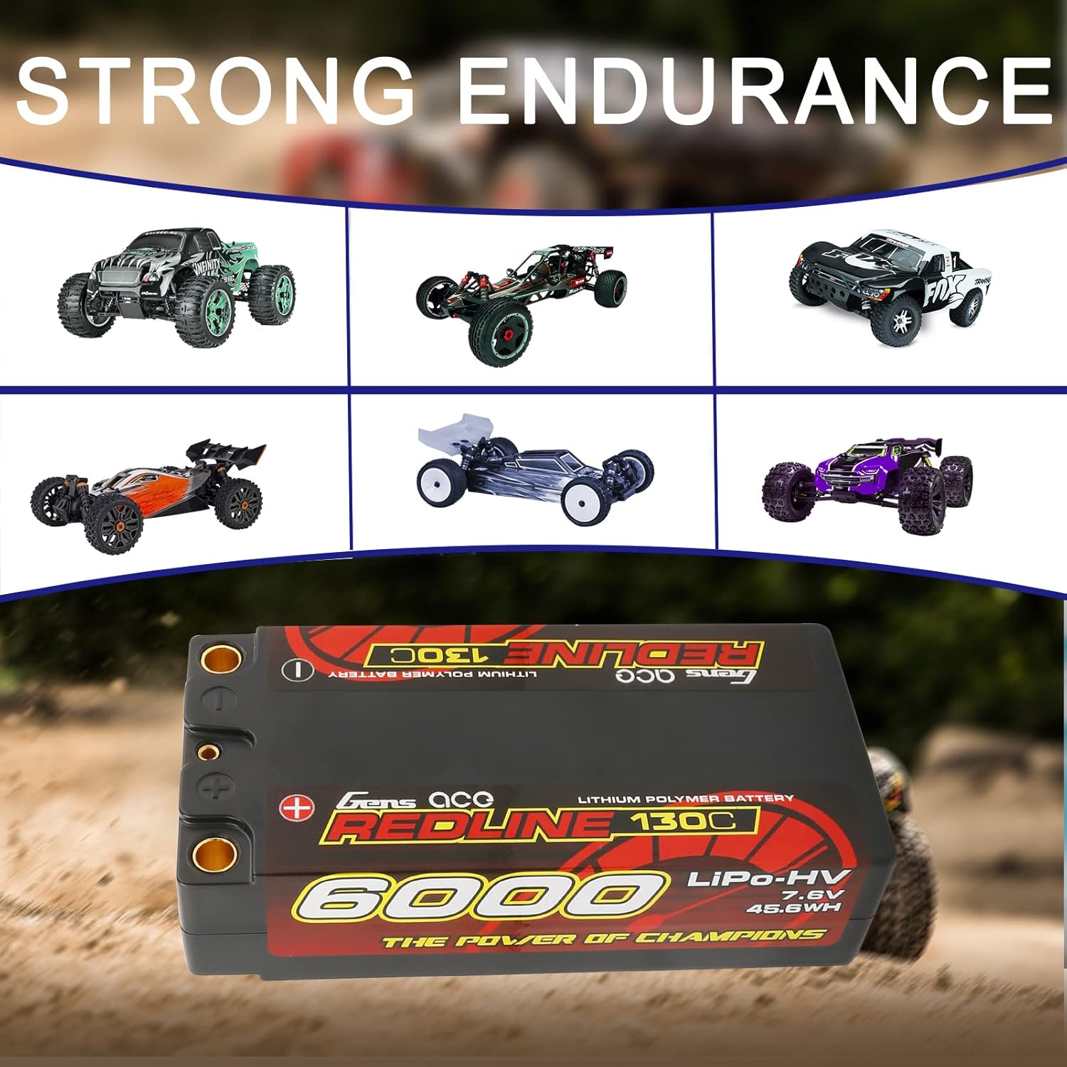 Gens ace 2S Shorty Lipo Battery Redline Series 6000mAh 7.6V 130C 2S2P HardCase HV Lipo Battery for with 5.0mm Bullet for 1 8 1 10 RC Racing Car Off Road Racing F1 Class FWD