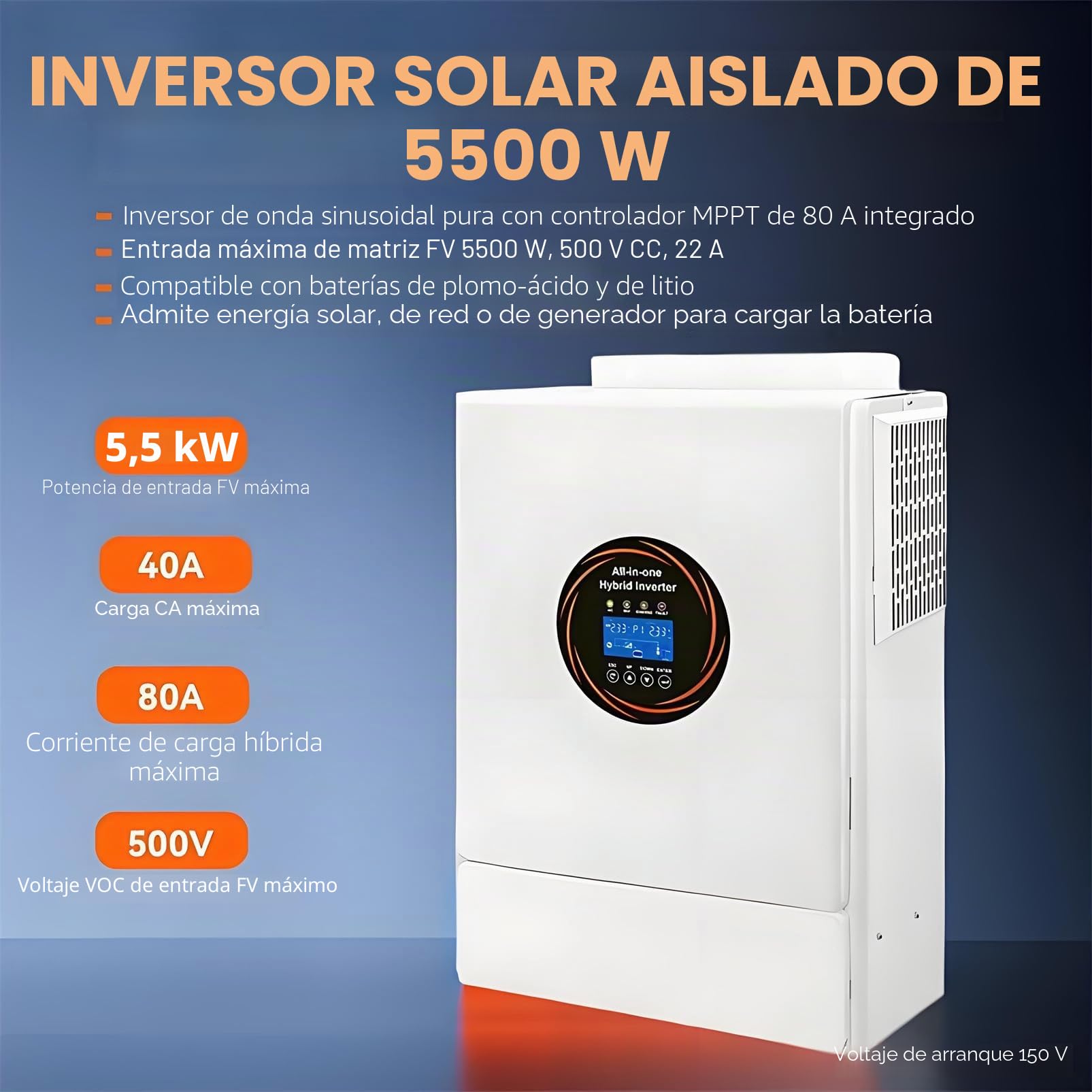 Inversor Solar híbrido de 5500 W, Onda sinusoidal Pura de 48 V a 110 V/220 V, Controlador de Carga MPPT de 120 A Integrado, Compatible con Carga Solar, de Servicios públicos y de generador