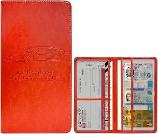 Car Registration Insurance Holder, Leather Glove Box License Wallet Case with Magnetic Shut, Automotive Paperwork Document Organizer Card Holder for Women, Car Accessories (Orange)