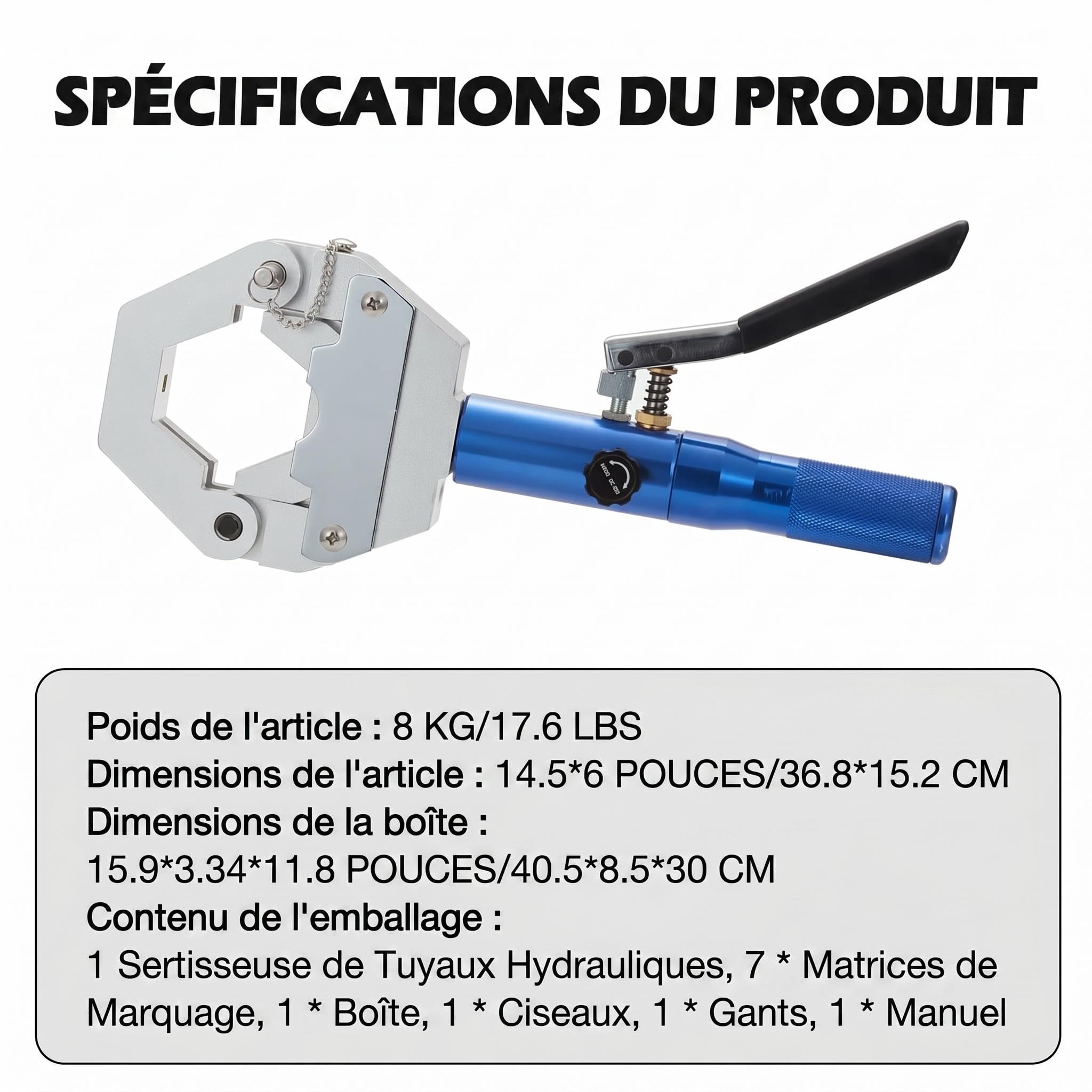 Garvee Presse à sertir hydraulique manuelle pour tuyaux AC – Kit complet avec 7 matrices – Outil main séparable pour réparation climatisation – Compatible raccords barbelés et Beaded – Inclus ciseaux