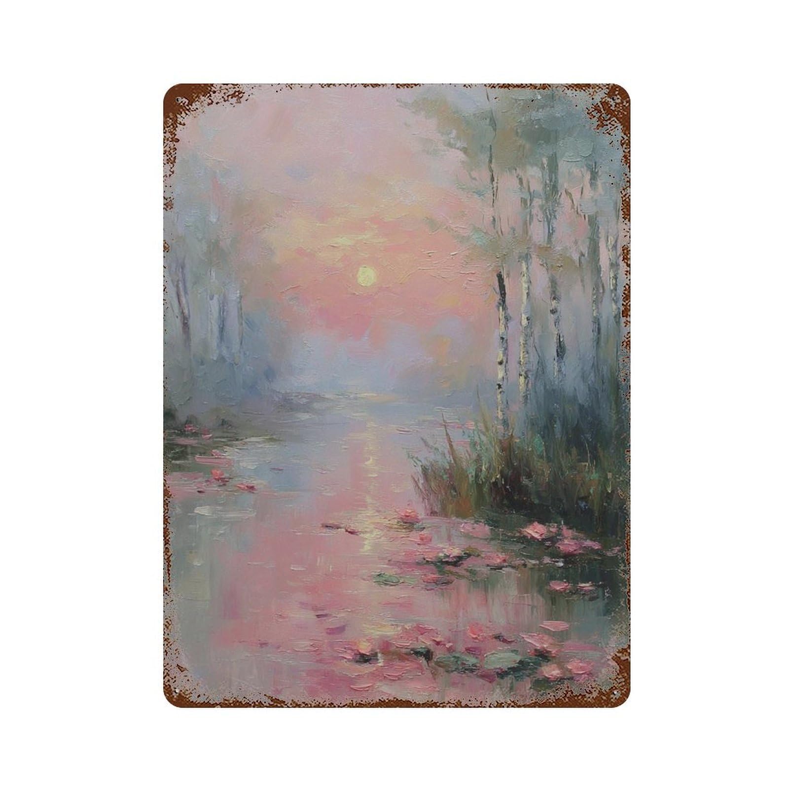 xiaoxiaoshen Pink Sunset Landscape Impressionist Serene Lake Reflection Pastel Sunrise Painti Wall Decor Art Metal Tin Poster Modern Home Decor Art Home Bar Shop Decorations Vintage Sign 40x30cm