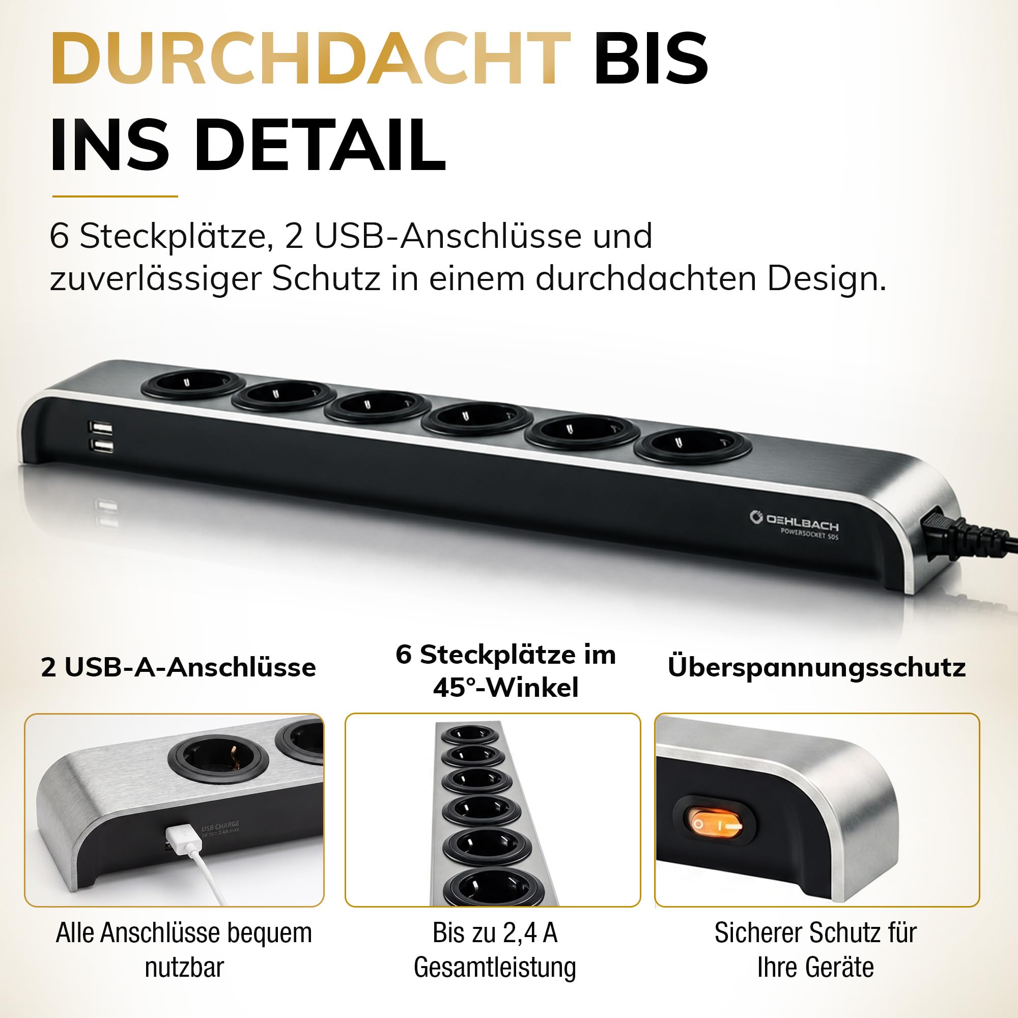 Oehlbach Powersocket 505 Multiprise de Haute qualité Design Compact, 2 Ports USB Haute Puissance pour Tablette et Smartphone Anthracite