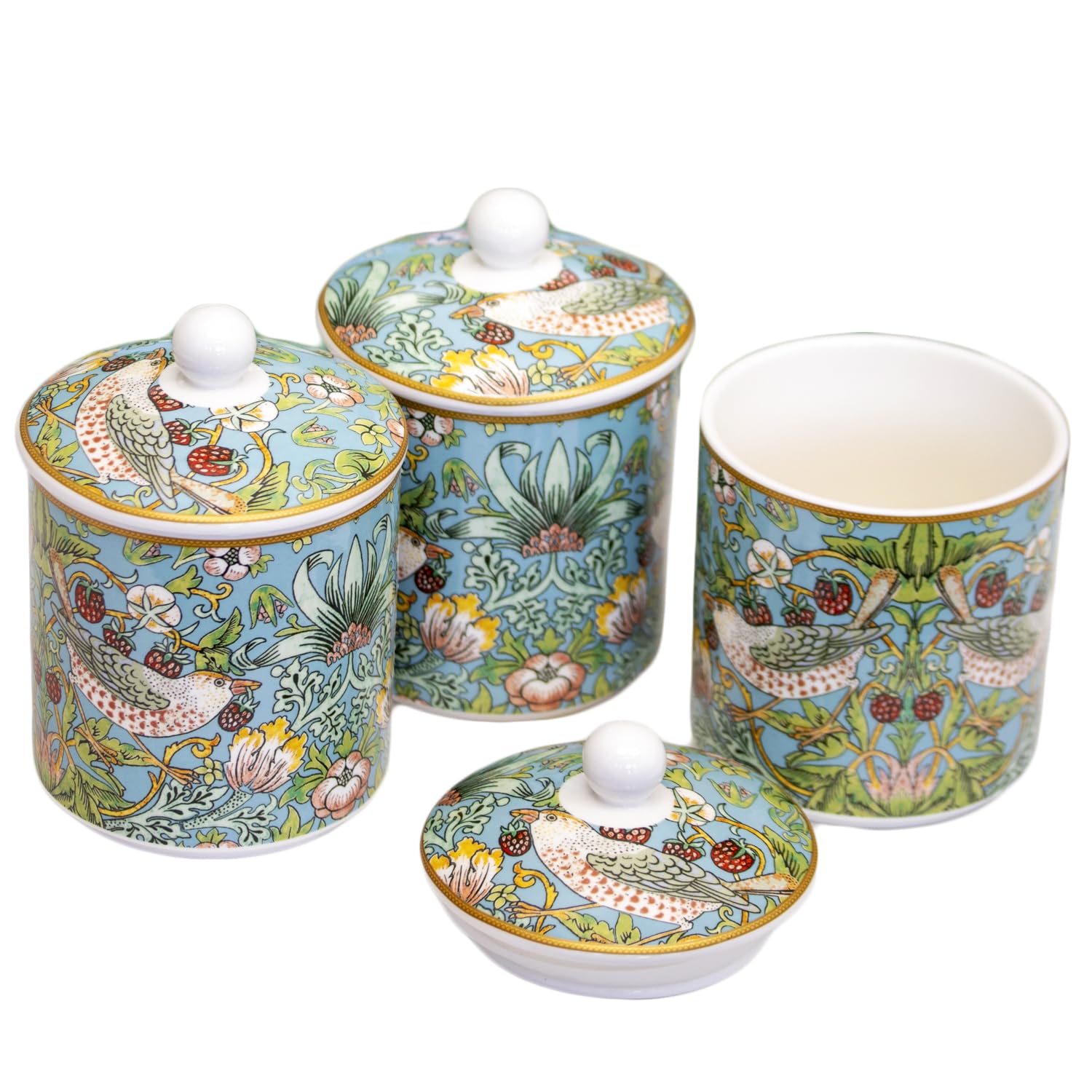 Darthome Teal William Morris Strawberry Thief Storage Jar Set Of 3, Fine China Ceramic, Airtight, Kitchen Canister, 11X16cm