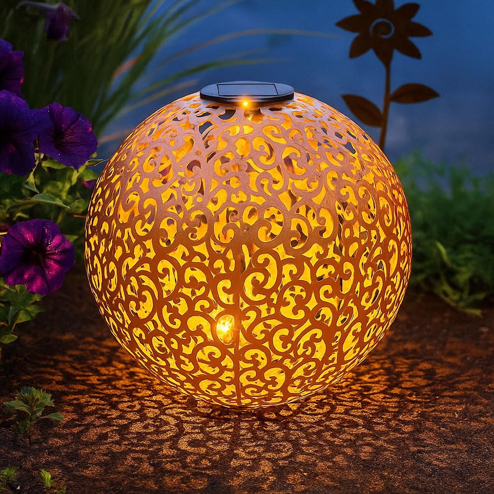 LED Solar Außenlampe Kugel Steckleuchte Metall rostfarben Gartenleuchte Wegelampe Gartendeko, Kugel orientalisch Solarlampe, warmweiß 3000K, Höhe 50 cm
