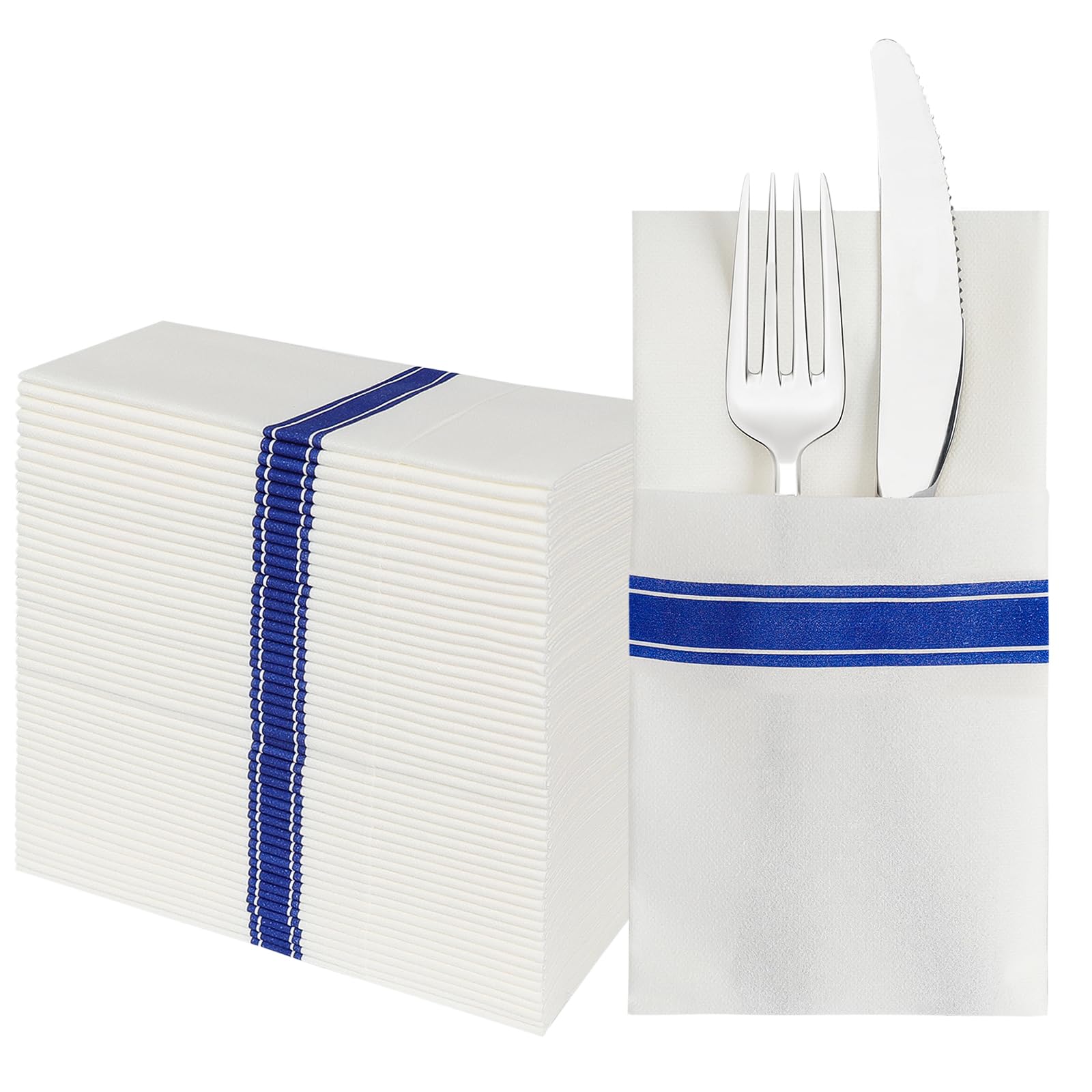 JEBBLAS Disposable Linen Feel Napkins, Built-in Flatware Pocket, Decorative Wedding Napkins with Rose Print, Folded Cloth Like Party Napkin, Soft, Strong, Absorbent, and Pre-Folded, 50 Pack Blue.