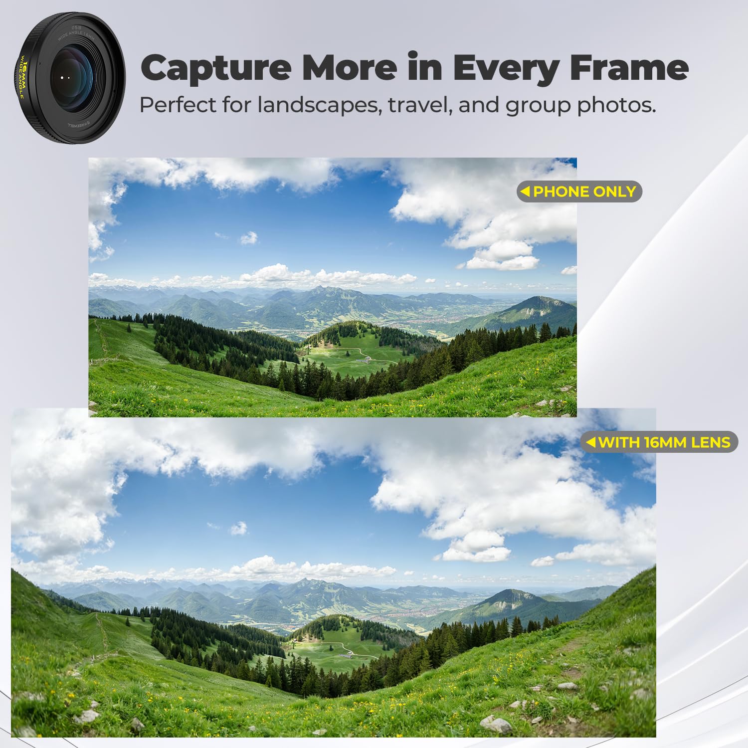 Freewell Objectif Grand Angle 16mm pour iPhone & Samsung - 105° FOV, Close Focus 0.5m - Parfait pour Paysages, Architecture