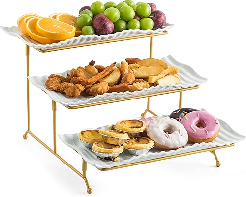 Miniatura 18 de LAUCHUH Soporte para servir de 3 niveles con bandeja de servir de porcelana con estante plegable más resistente, platos y platos para Acción