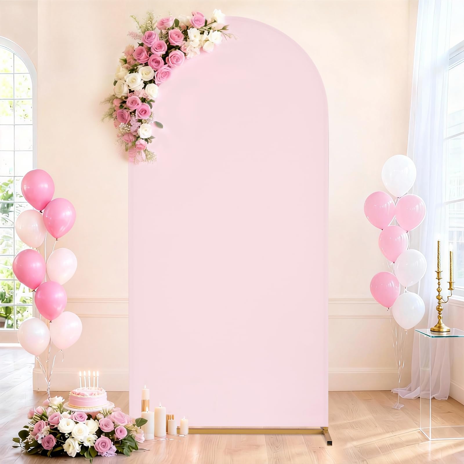 SoarDream Pink Arch Backdrop Cover Spandex Fitted 5FT Pink Wedding Arch Covers Balloon Round Top Chiara Arch Backdrop Fabric for Bridal Shower Wedding