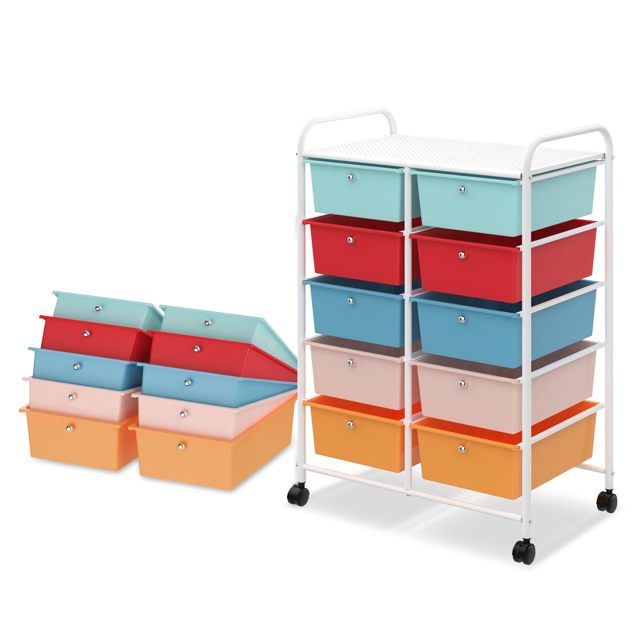 FIVMEN Carrito con ruedas con 10 cajones, organizador para manualidades, con estructura de metal y superficie de almacenamiento, doble fila