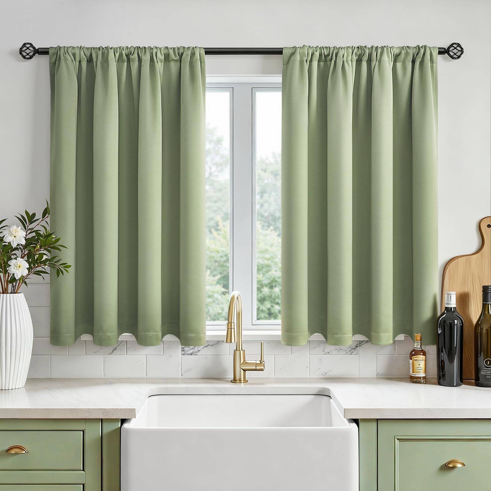 MRTREES Waterproof Curtains With Rod Pocket, Green Blackout Curtains for Kitchen Cupboard Bedroom Bathroom Bay Windows, 2 Panels 115x115 CM 45x45 Inch Sage Green โ image 1