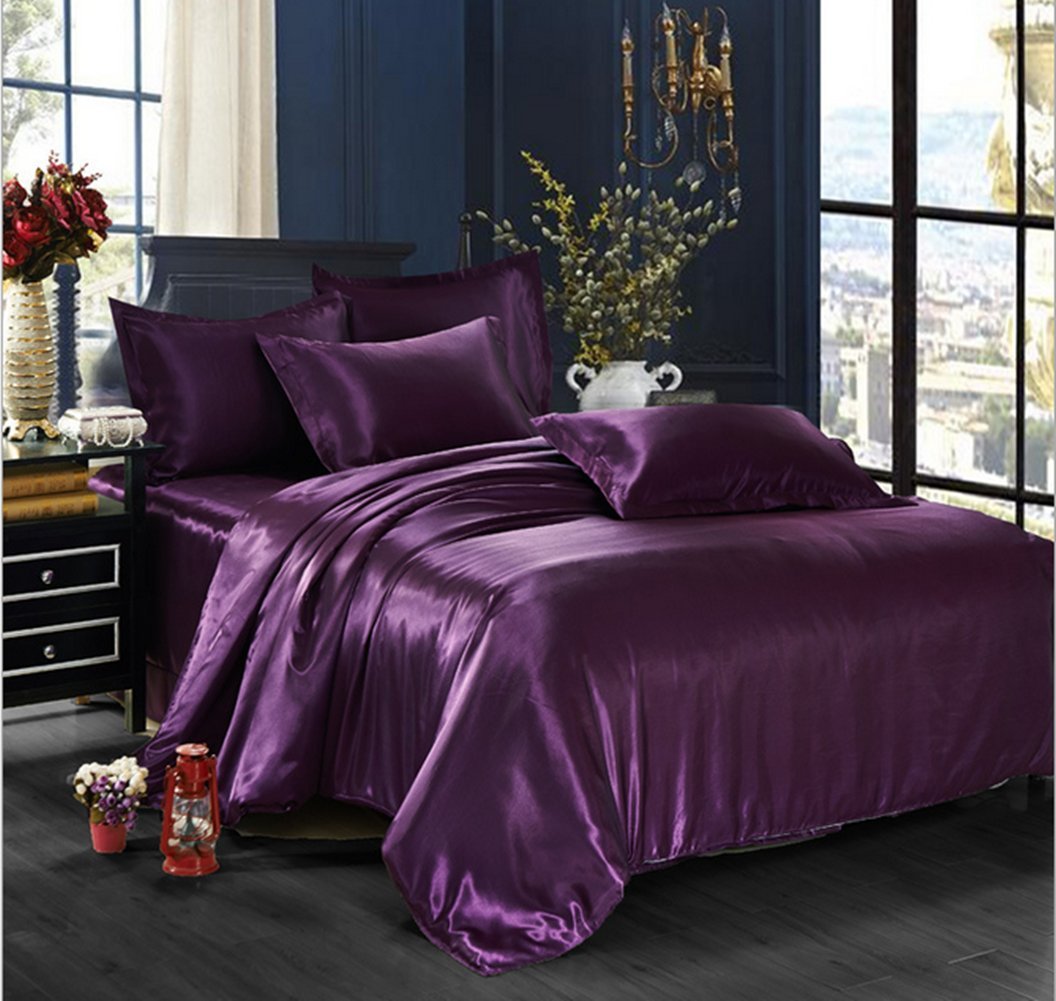 Simonshop 4pcs Super Soft Bedding Set King Queen Size Silk Comforter Bedclothes Duvet Cover Set Pillowcase (Dark Purple)