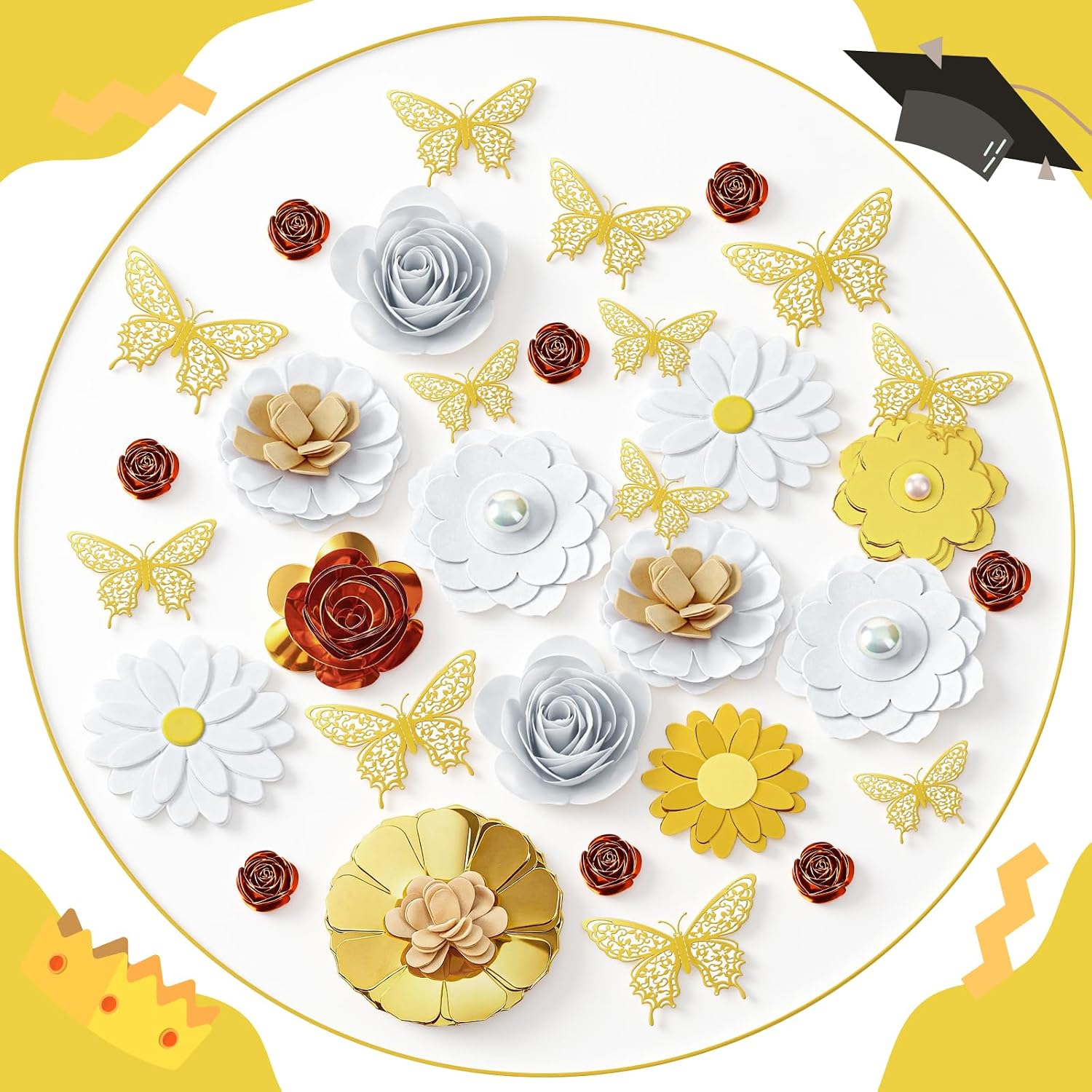 Yexiya 48 Pcs DIY Graduation Grad Cap Decoration Kit Self Adhesive 4 Cream Construction Paper Artificial Parper Flower 3D Butterfly Letter Stickers Satin Bow Pearl for DIY Grad Cap Topper(White)