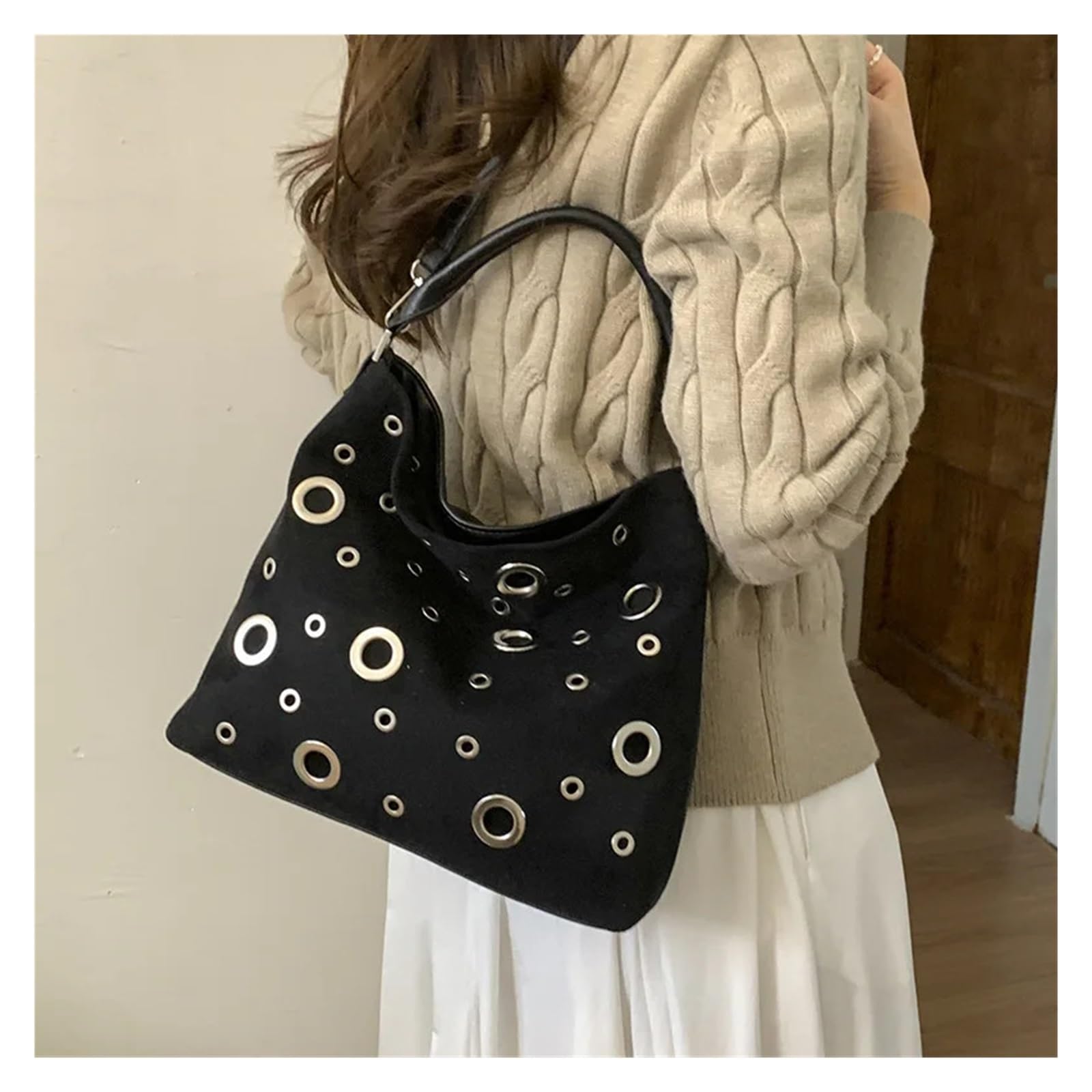 Bolso Tachuelas Bolso de mano retro con remaches de metal de nicho for mujer Versátil estilo motero bandolera