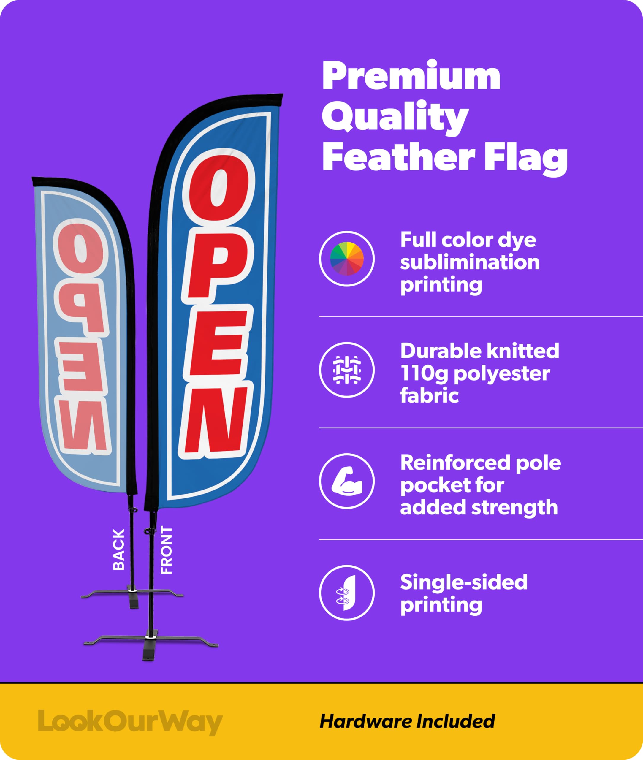 LookOurWay Federfahnen Set 1,5m Werbeflagge mit Stangen und X-Stand zur Werbeförderung offen | Stangen-Kit und X-Ständer, für Geschäftsförderung