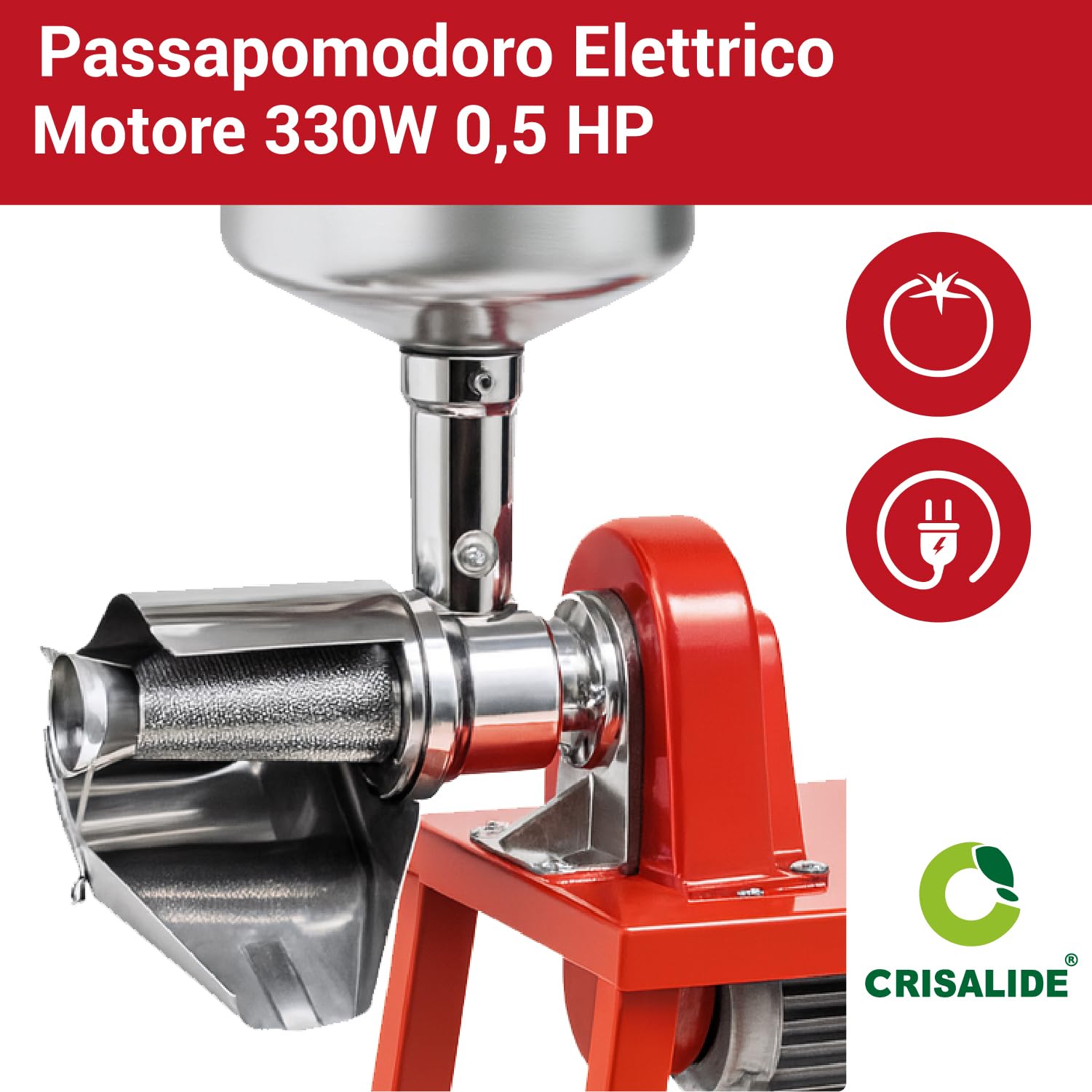 Crisalide® - Passapomodoro Elettrico N.5 Inox con Banco TS, Motore 330W 0,5 HP, Struttura in Alluminio Pressofuso, Filtro e Imbuto in Acciaio Inox, Trasmissione a Cinghia