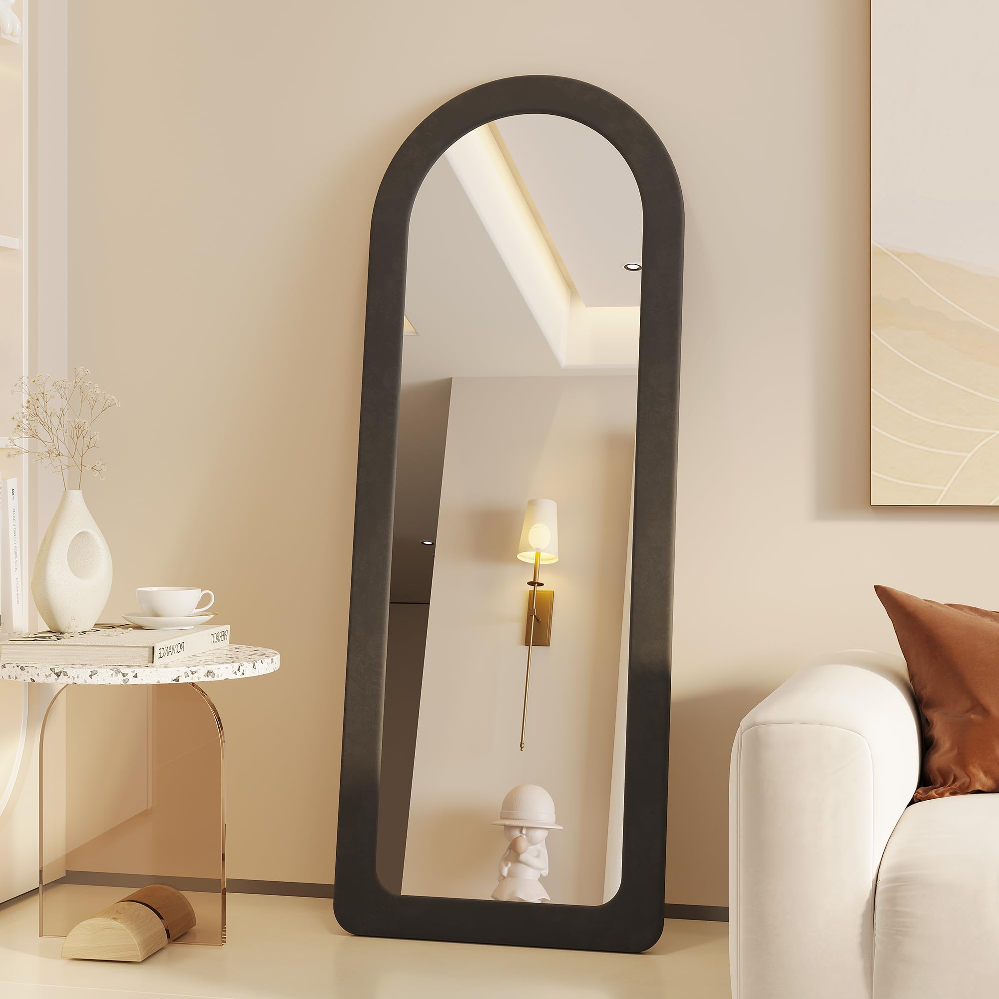 Vlsrka 63" x 24" Arched Full Length Mirror, Arch Floor Mirror with Flannel Wrapped Wood Frame