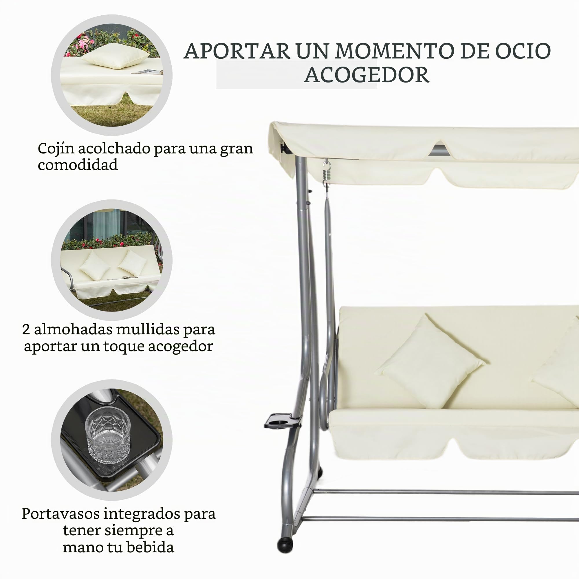 Outsunny - Balancín de jardín (3 plazas, convertible, techo inclinado, ajustable, 2 estantes, soporte 2 x 1,2 x 1,64 m, acero negro, poliéster), color beige