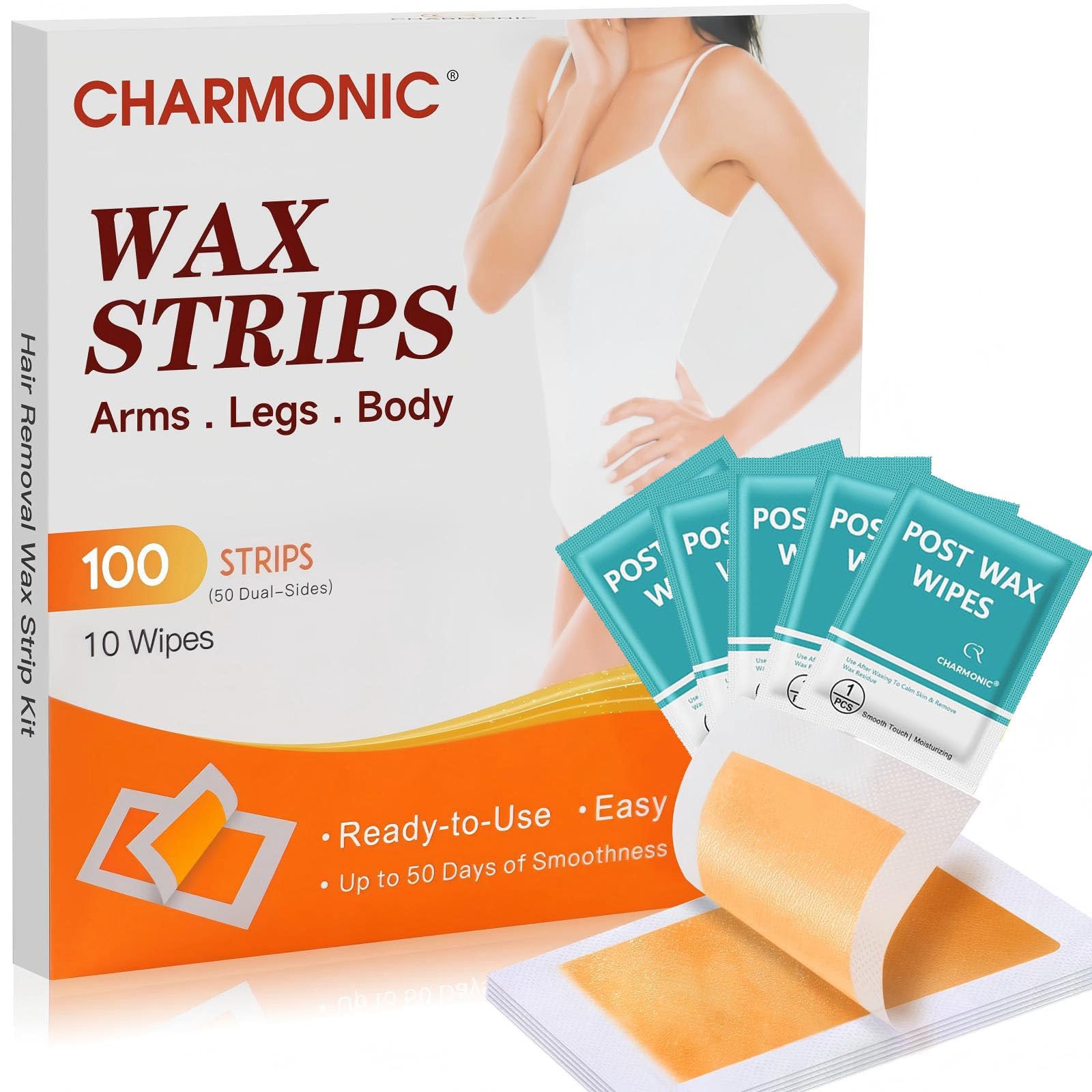Charmonic Tiras de cera, 100 unidades, tiras de depilación, kit de depilación para cuerpo y cara, kit de depilación en casa para cejas, piernas, bikini, depilación facial para mujeres