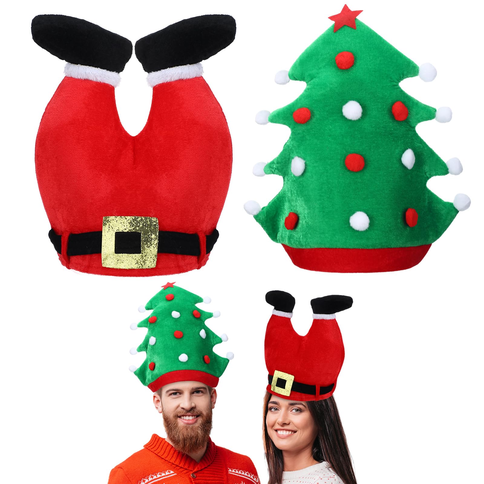 Suhine 2 Pack Christmas Santa Hats for Funny Hilarious and Festive Party Hat Winter Holiday Gifts Christmas Decorations(Pant and Tree)