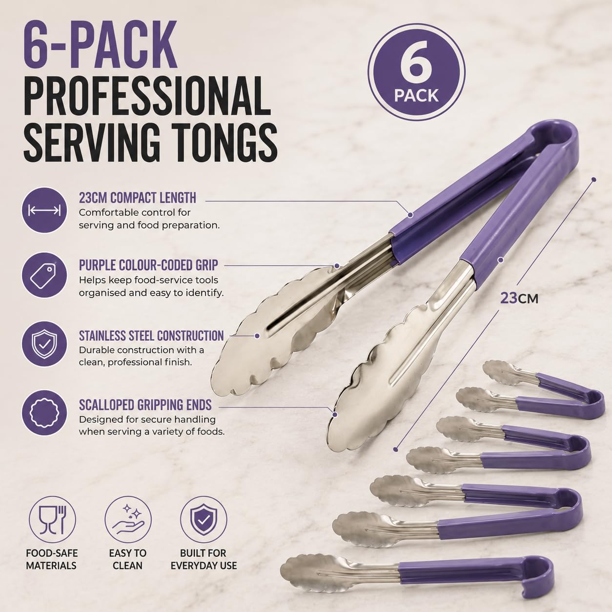 Set mit 6 farbcodierten St.-Tongs, 23 cm, Violett