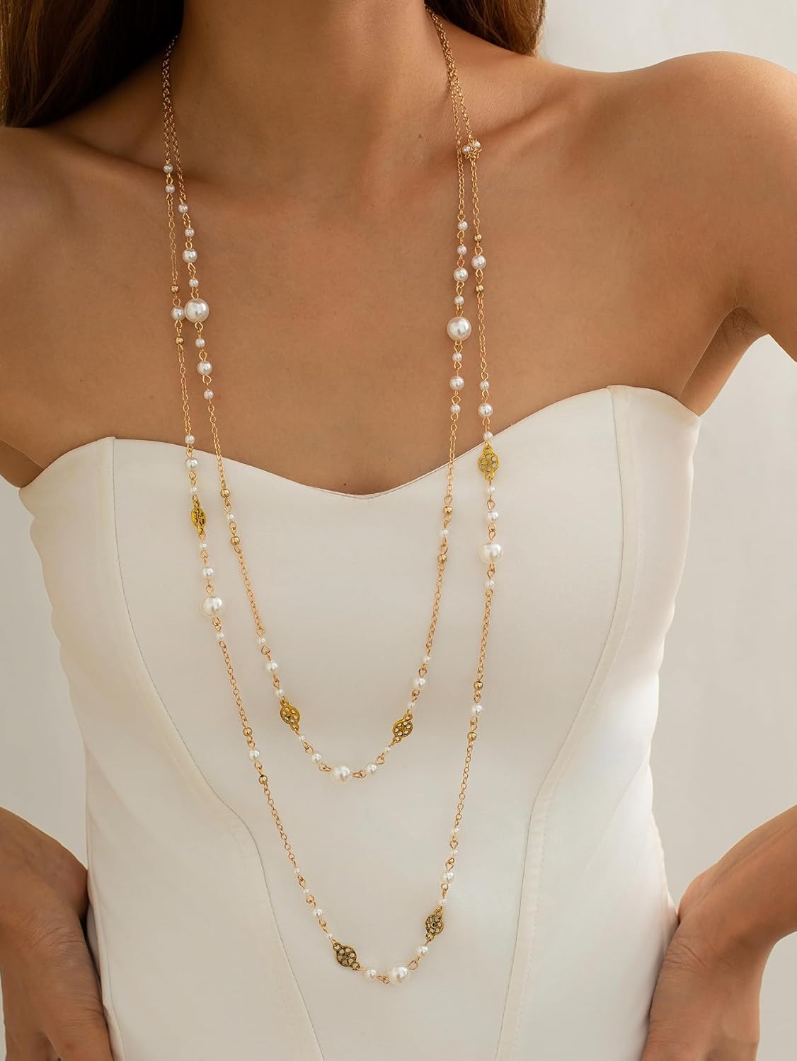2PC Long Pearl Necklace, Delicate...