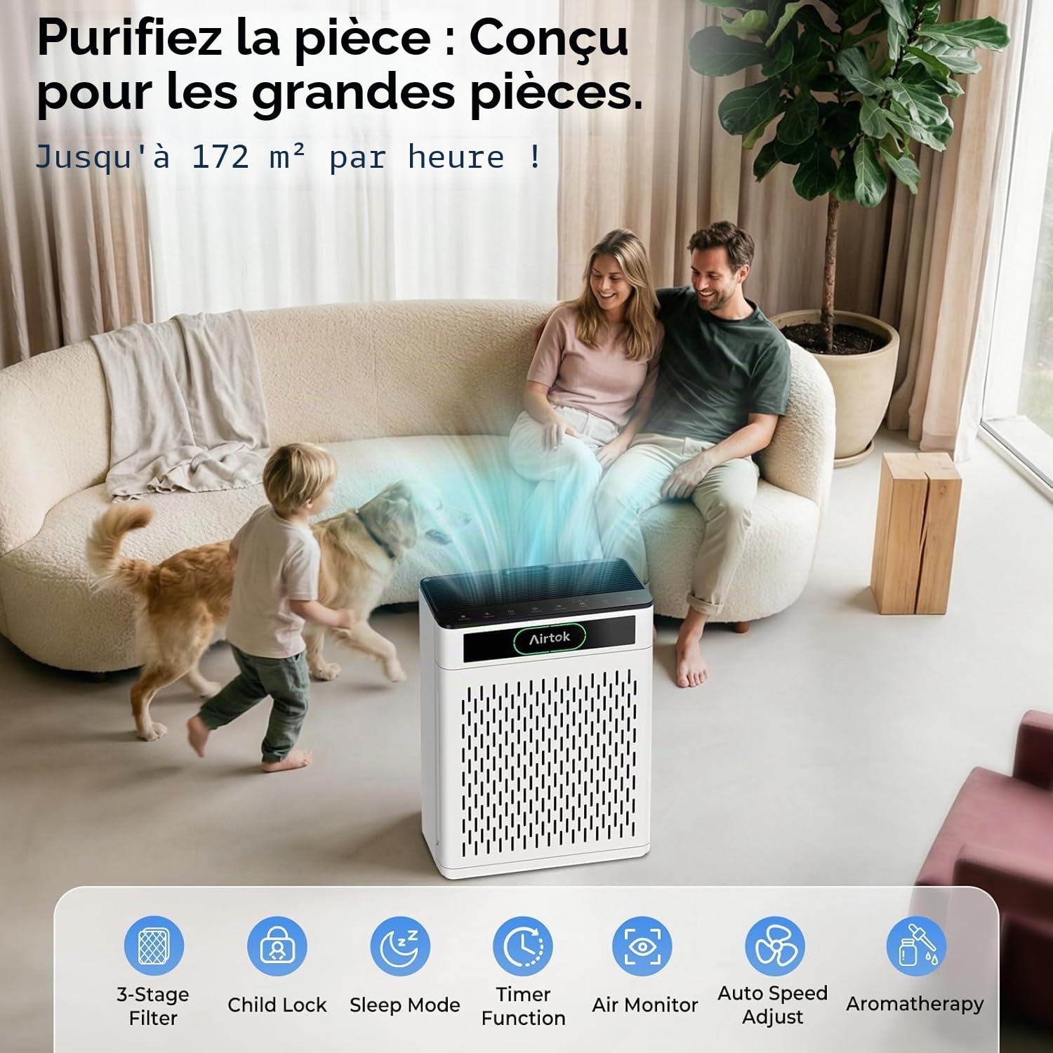 AIRTOK Purificateur d'air, Purifier jusqu'à 170m², Filtre lavable, Surveille La Qualité de l'Air, Aromathérapie, HEPA Purificateur Éliminant La Fumée, La Poussière, Le Pollen Et Les Odeurs