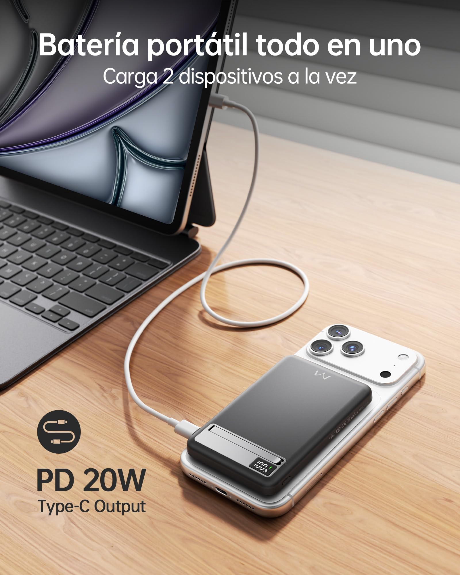 Banco de Energía iWALK 10000mAh con Soporte MagSafe, Cargador Inalámbrico Magnético Portátil con Pantalla LED, Compatible con iPhone 17/16/15, Carga Rápida 15W, Negro