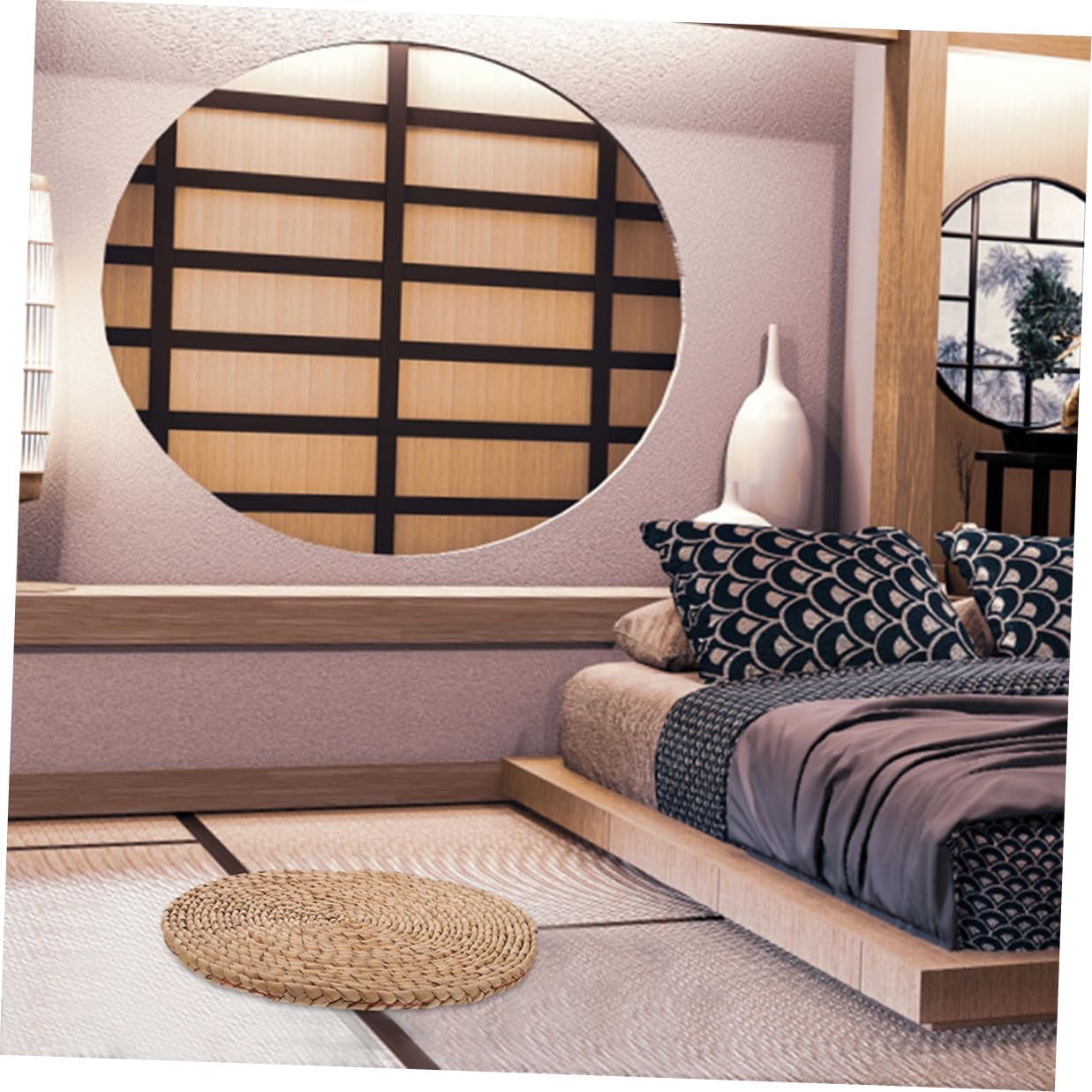 Thick Woven Meditation Cushion Floor Pillow 40cm Diameter Organic Rush Grass Tatami Mat Indoor Seating Pad for Yoga and Picnic Use
