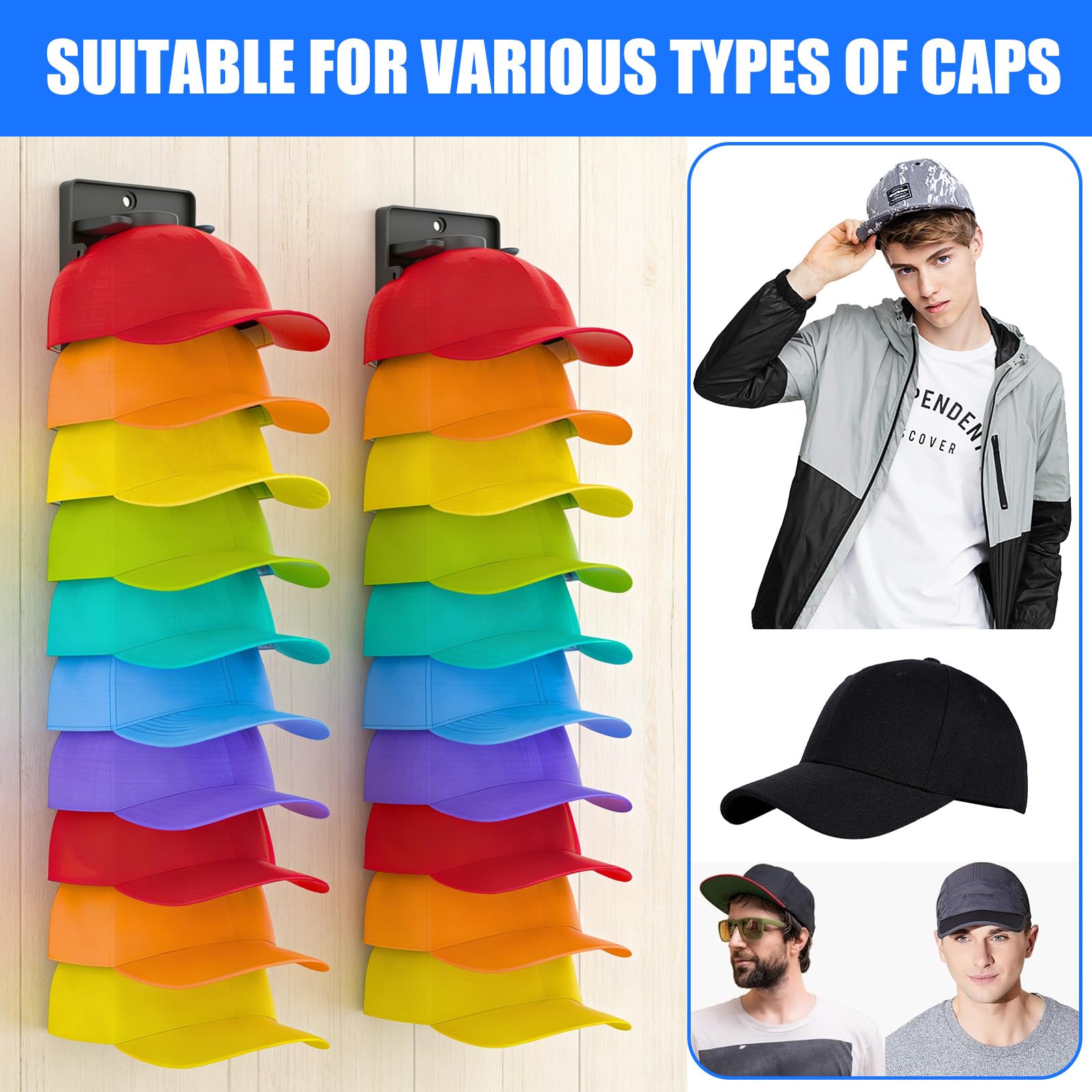 2 Stück Cap Halterung Wand mit integrierten Federklammern für Bis Zu 20 Hüte, Cap Halter Kappenhalter mit 4 Starker Kleber & 4 Schrauben, Mehrschichtig Basecap Halterung Mützen Aufbewahrung