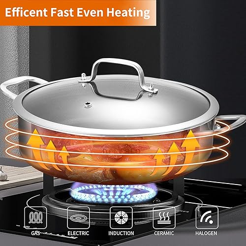 Miniatura 4 de DELARLO Sartén de acero inoxidable de tres capas de 10 pulgadas de profundidad, sartén de 3 cuartos de galón con tapa, compatible con inducción,